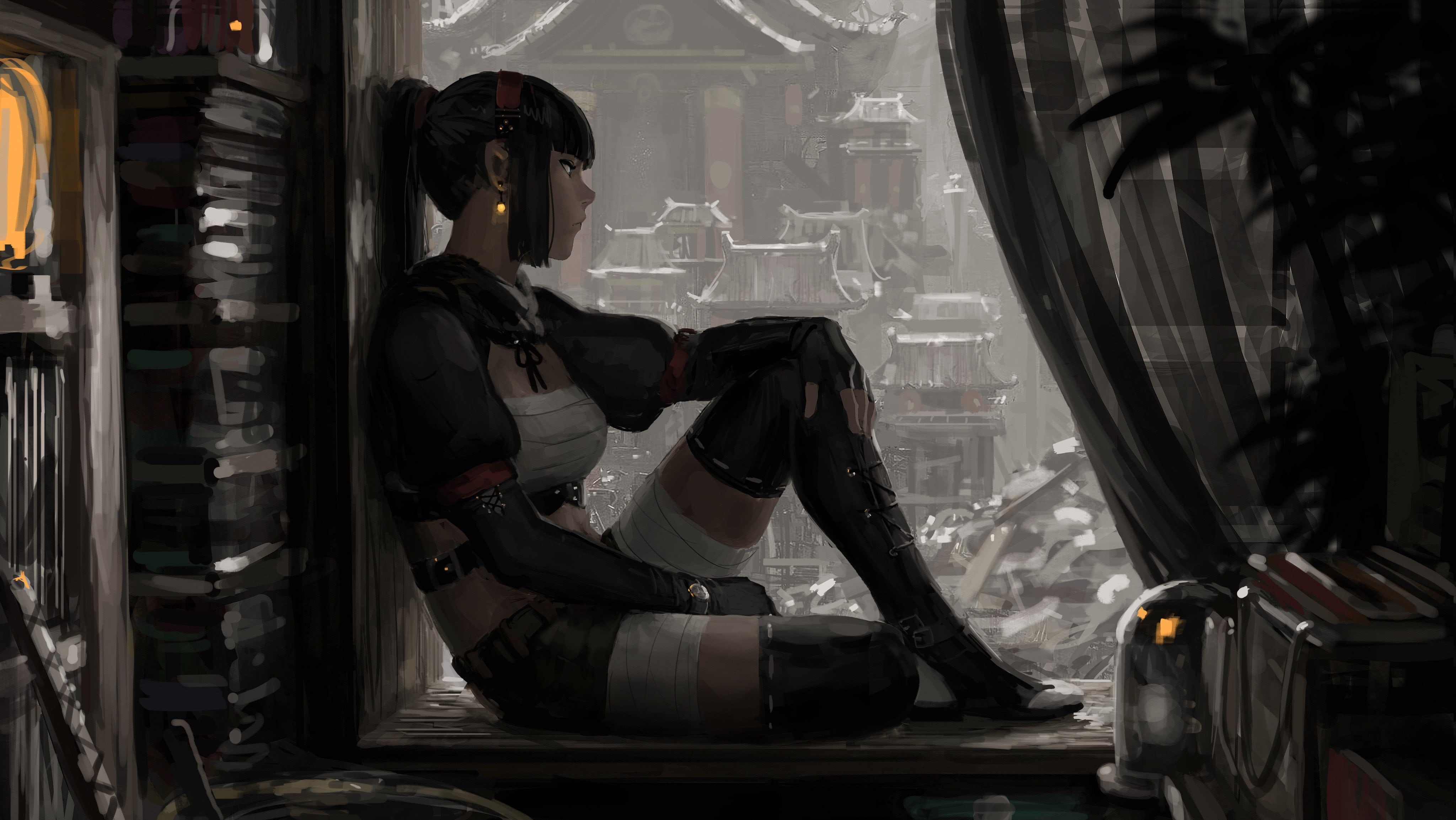 4K, samurai, women, black hair, artwork, drawing, fantasy girl, oriental, warrior, Asian, Z.W. Gu, GUWEIZ, fan art, sitting, HD Wallpaper