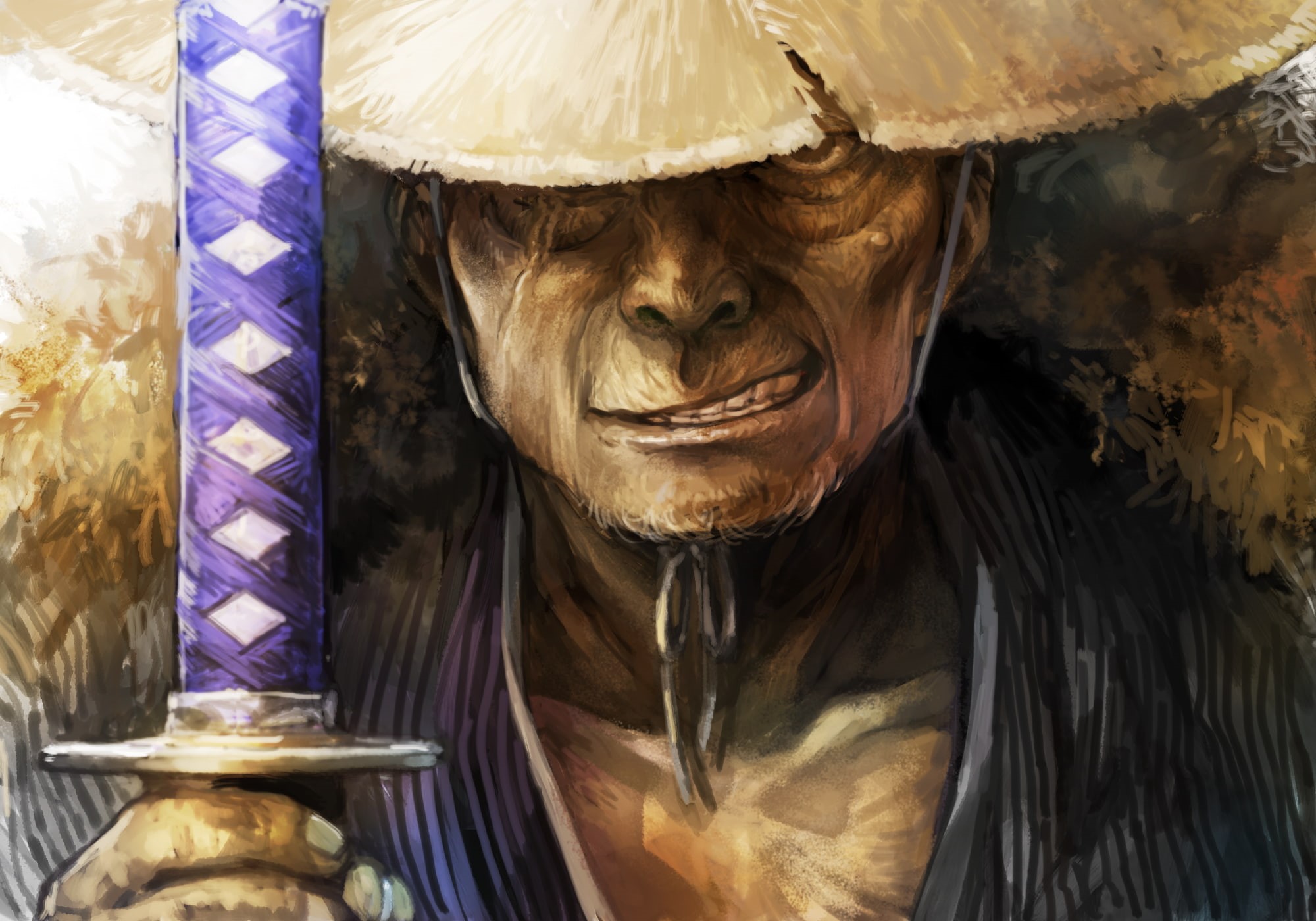 fantasy art, digital art, 1080P, artwork, samurai, sword, katana, warrior, smiling, HD Wallpaper