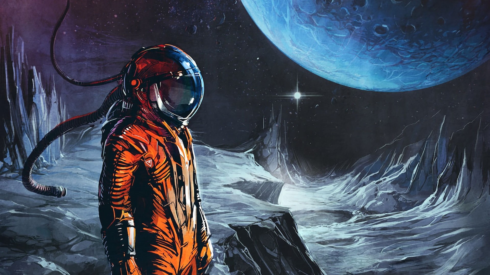 fantasy art, cover, hd, album, sports equipment, sport, digital, adult, 1080P, protective workwear, occupation, fantasy, one person, Space, stars, standing, HD Wallpaper