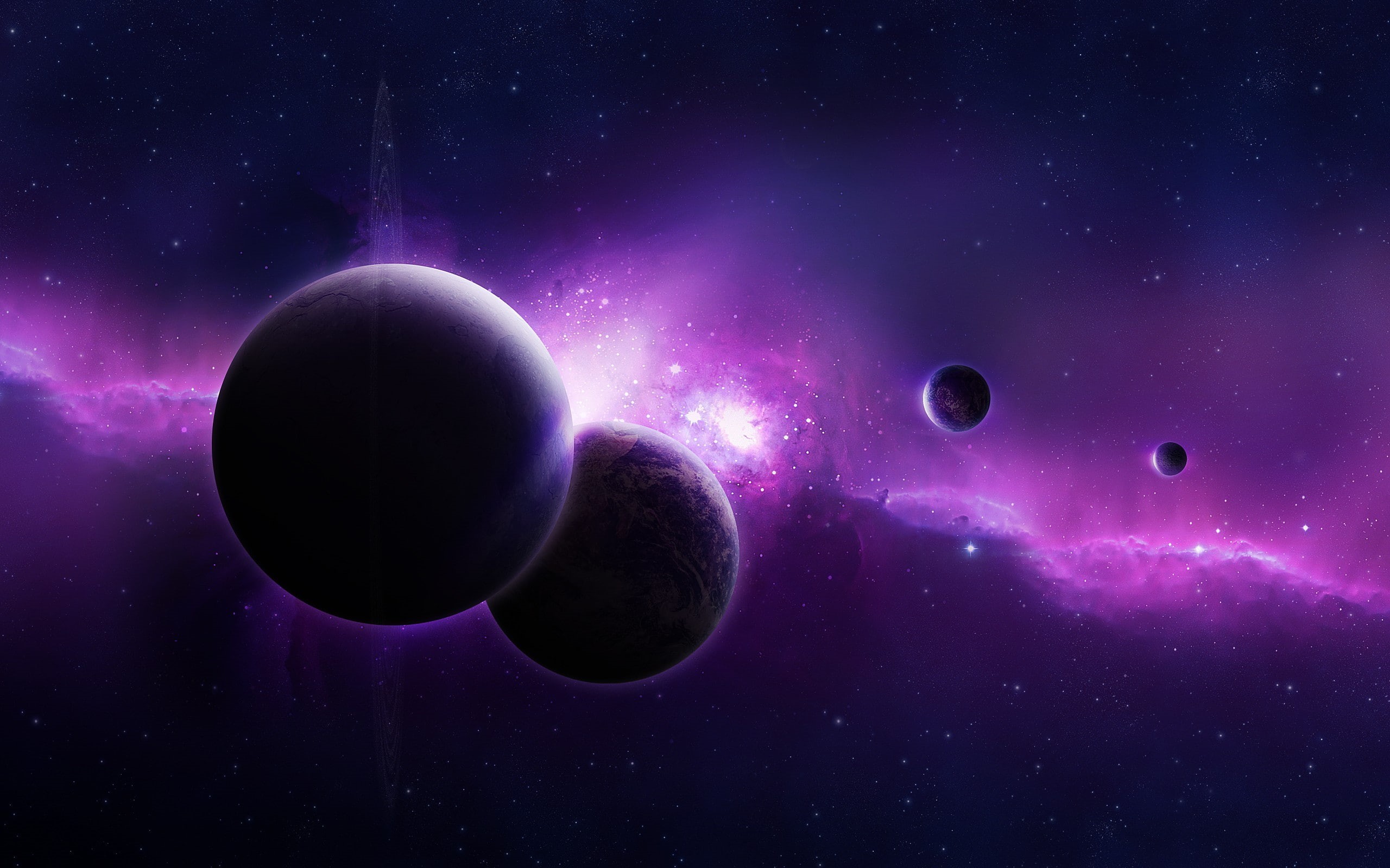 space art, digital, artwork, space, moon, galaxy, purple, planet, stars, 2K, art, digital art, HD Wallpaper