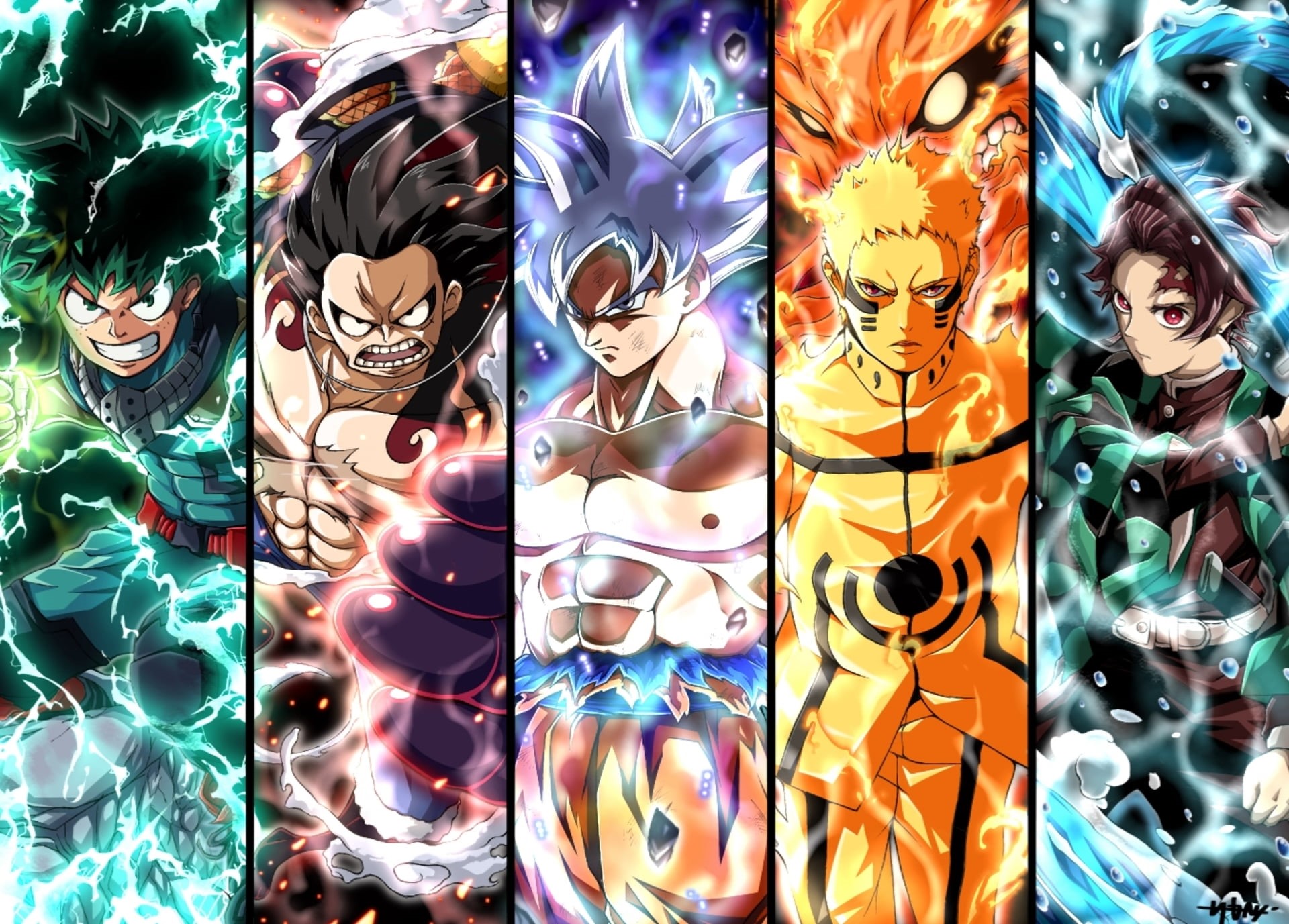 Anime, Naruto, Goku, Dragon Ball, Naruto Uzumaki, Crossover, 1080P, Izuku Midoriya, Tanjirou Kamado, My Hero Academia, One Piece, Demon Slayer: Kimetsu no Yaiba, HD Wallpaper