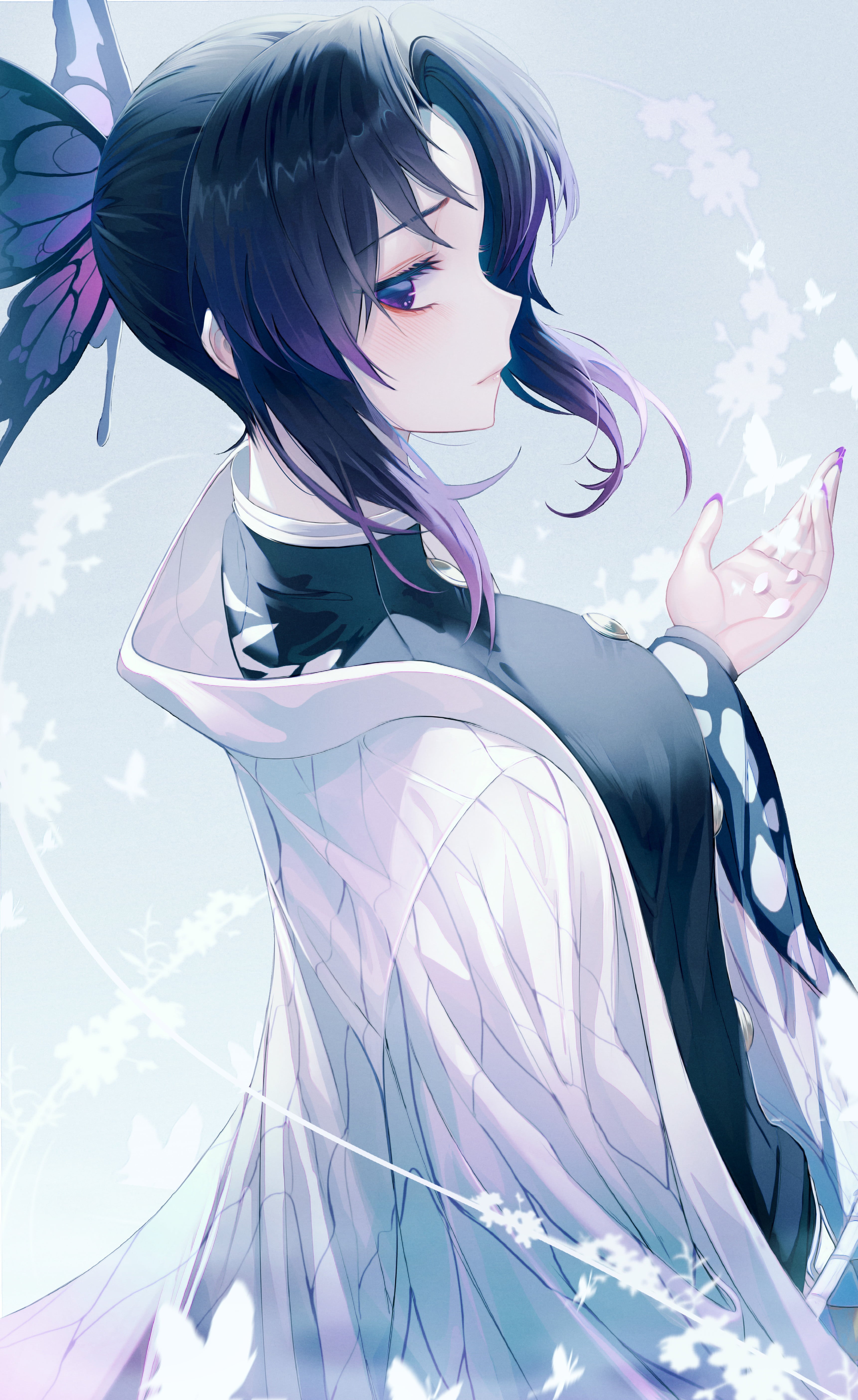 Kimetsu no Yaiba, butterfly, 5K, Kochou Shinobu, black hair, blushing, Phone HD Wallpaper
