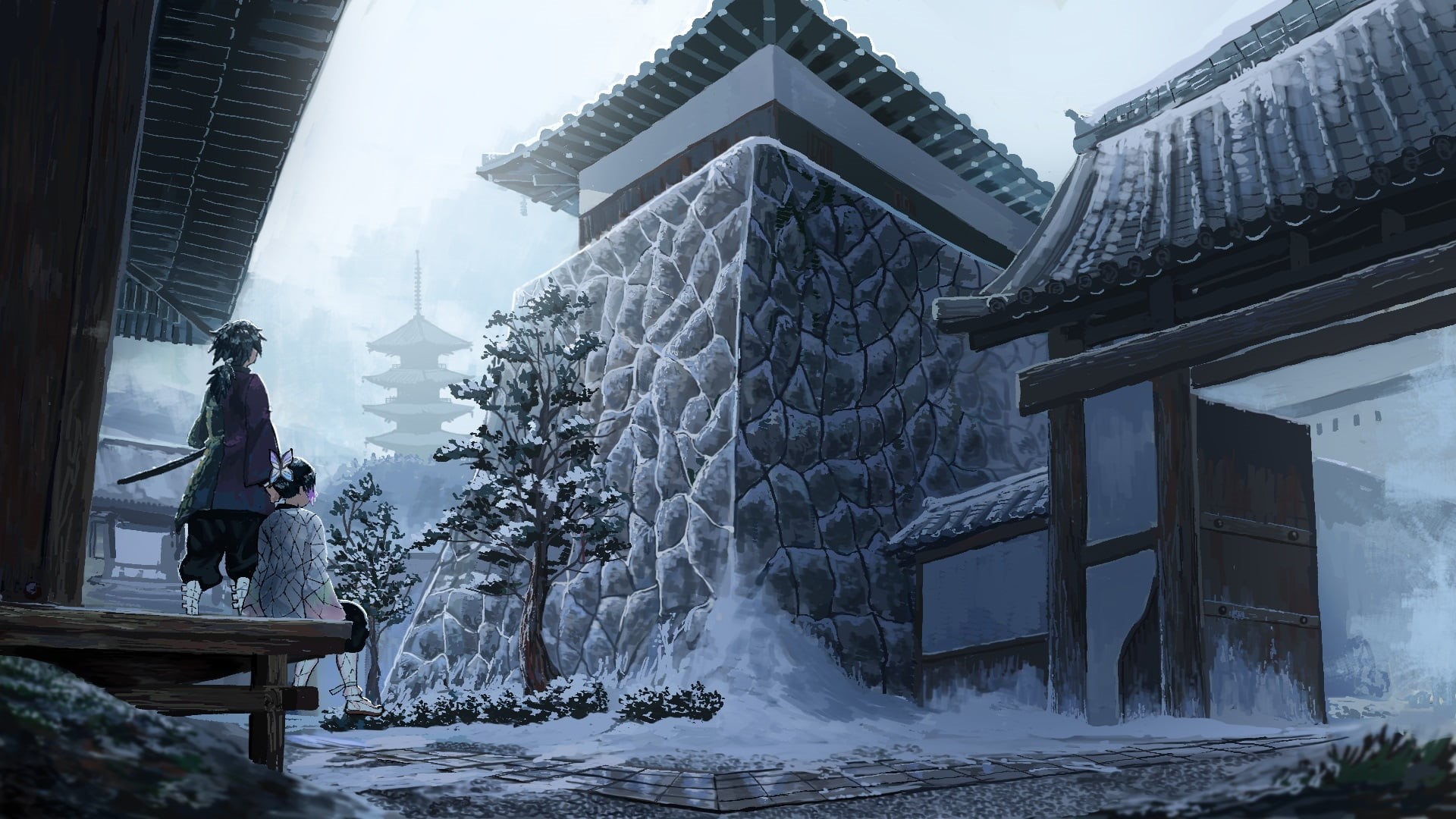 artwork, Kochou Shinobu, snow, digital art, Giyu Tomioka (Kimetsu no Yaiba), 1080P, anime, Kimetsu no Yaiba, HD Wallpaper