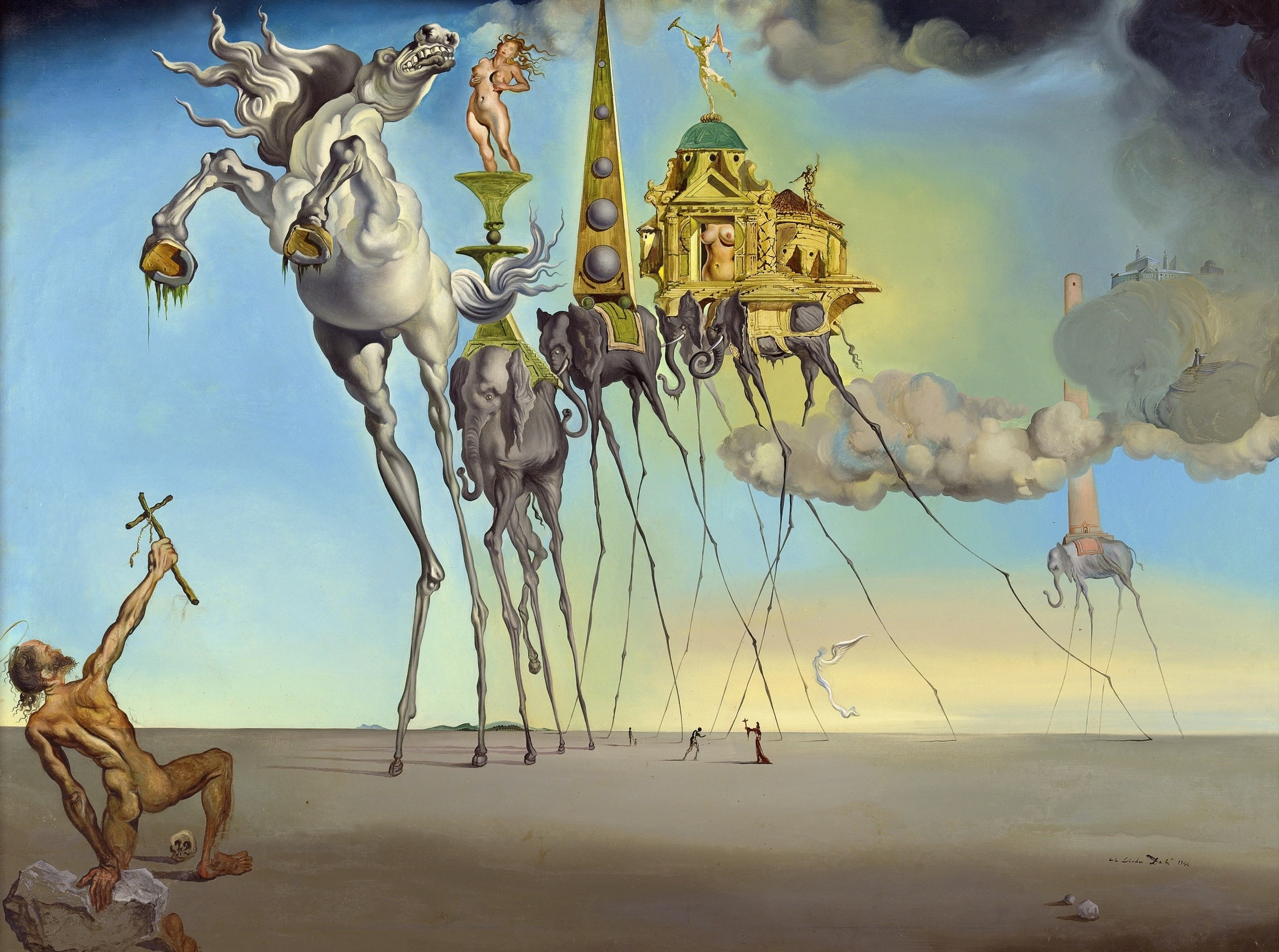 digital composite, outdoors, sea, The Temptation Of St. Anthony, art and craft, white, cloud - sky, water, tranquility, beach, day, creativity, horse, land, HD Wallpaper