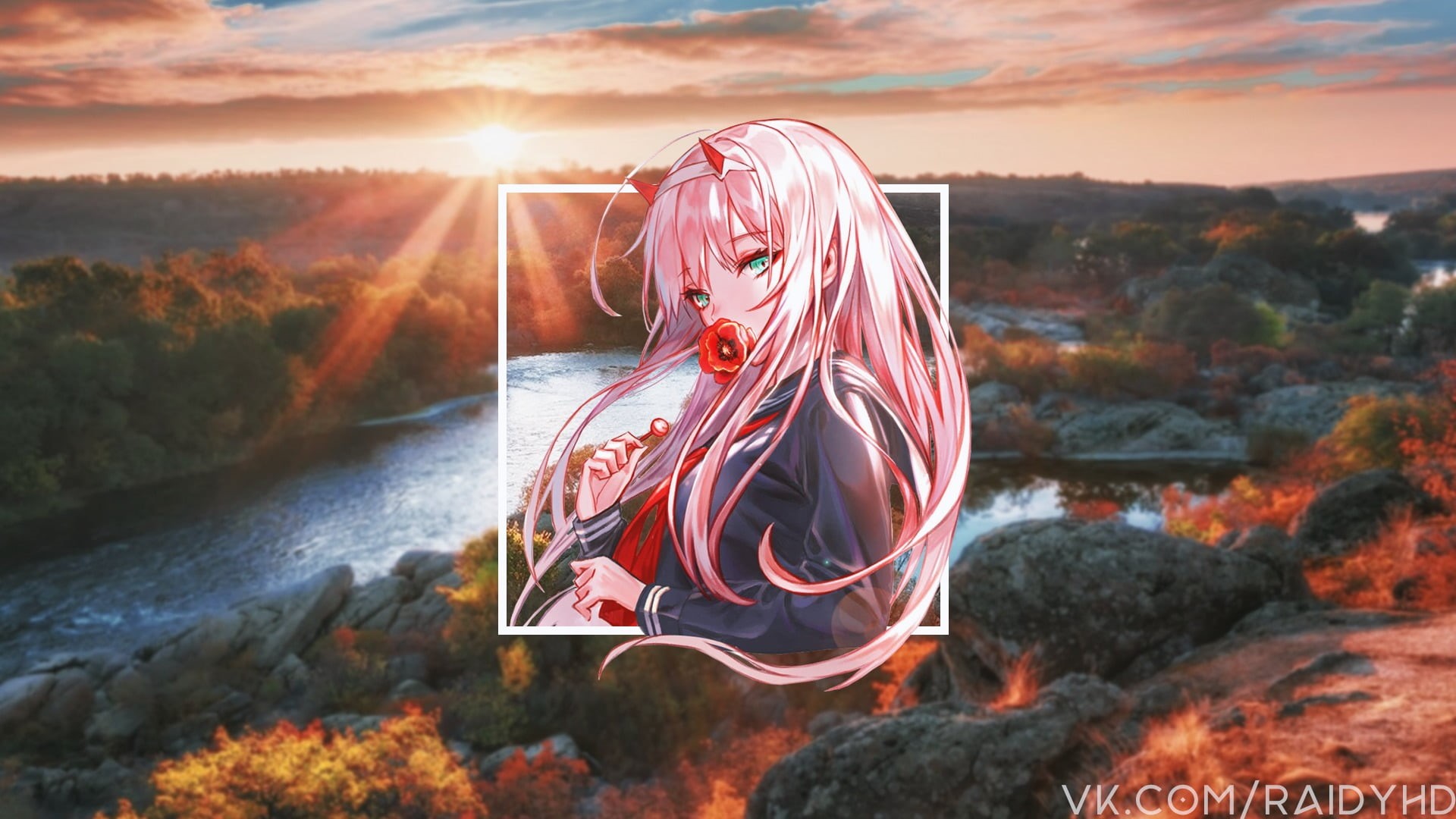 Zero Two (Darling in the FranXX), picture-in-picture, plant, beauty in nature, leisure activity, sunlight, nature, sky, sunset, Darling in the FranXX, water, HD Wallpaper