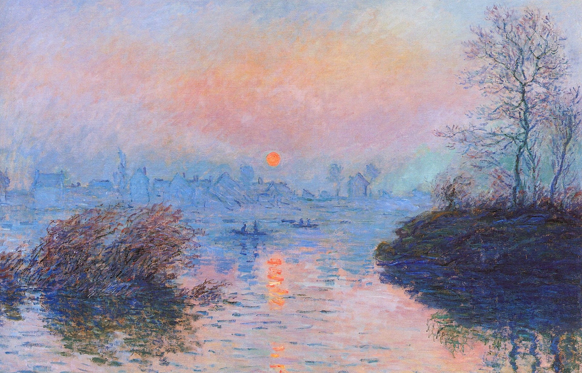 Sunset on the Seine in Lavacore. Winter Effect, day, built structure, picture, backgrounds, creativity, full frame, sky, 1080P, body, art and craft, painting, HD Wallpaper