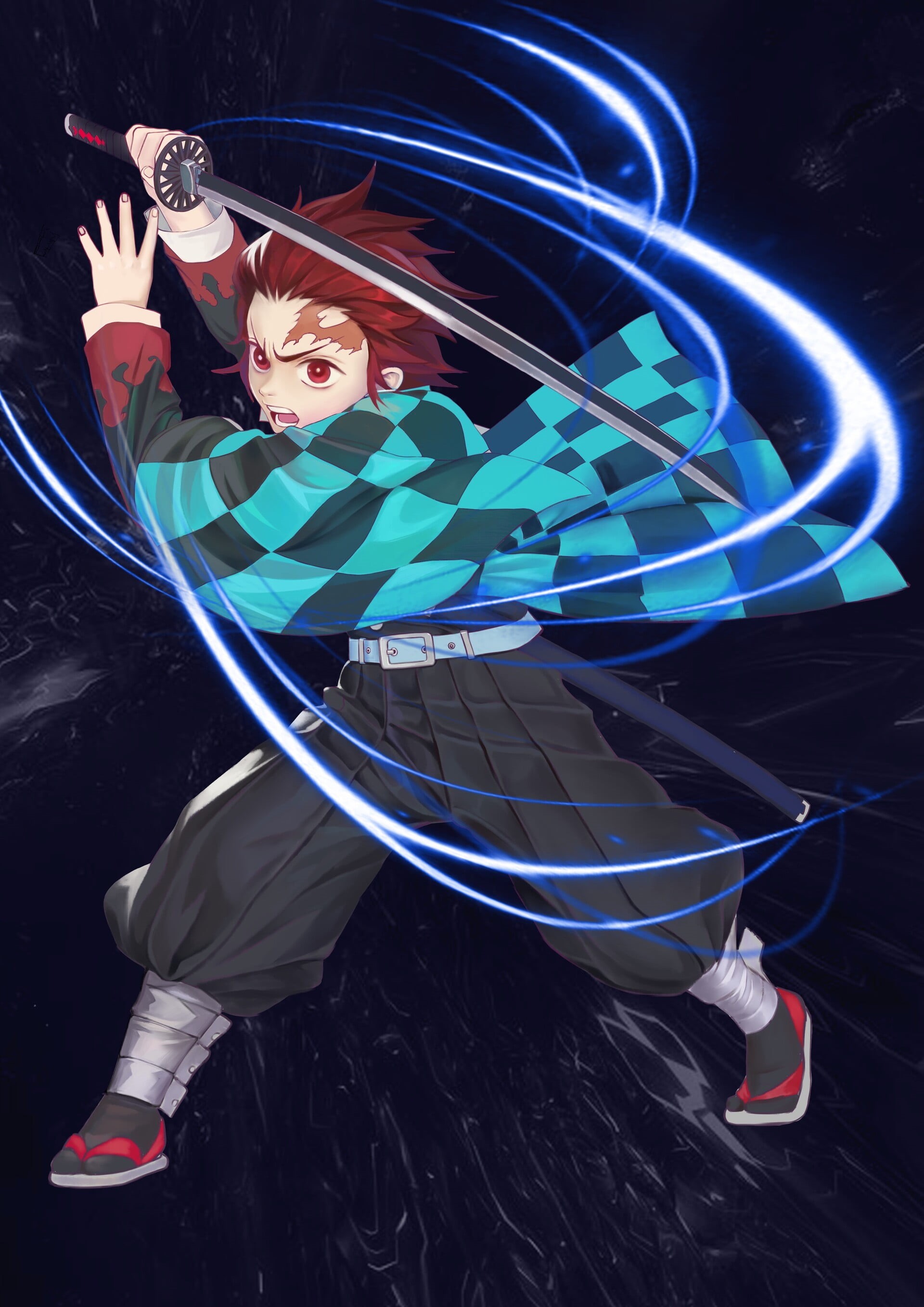 sword, 2K, anime, digital art, Tanjiro Kamado, Kamado Tanjirō, Kimetsu no Yaiba, fan art, 2D, artwork, Phone HD Wallpaper