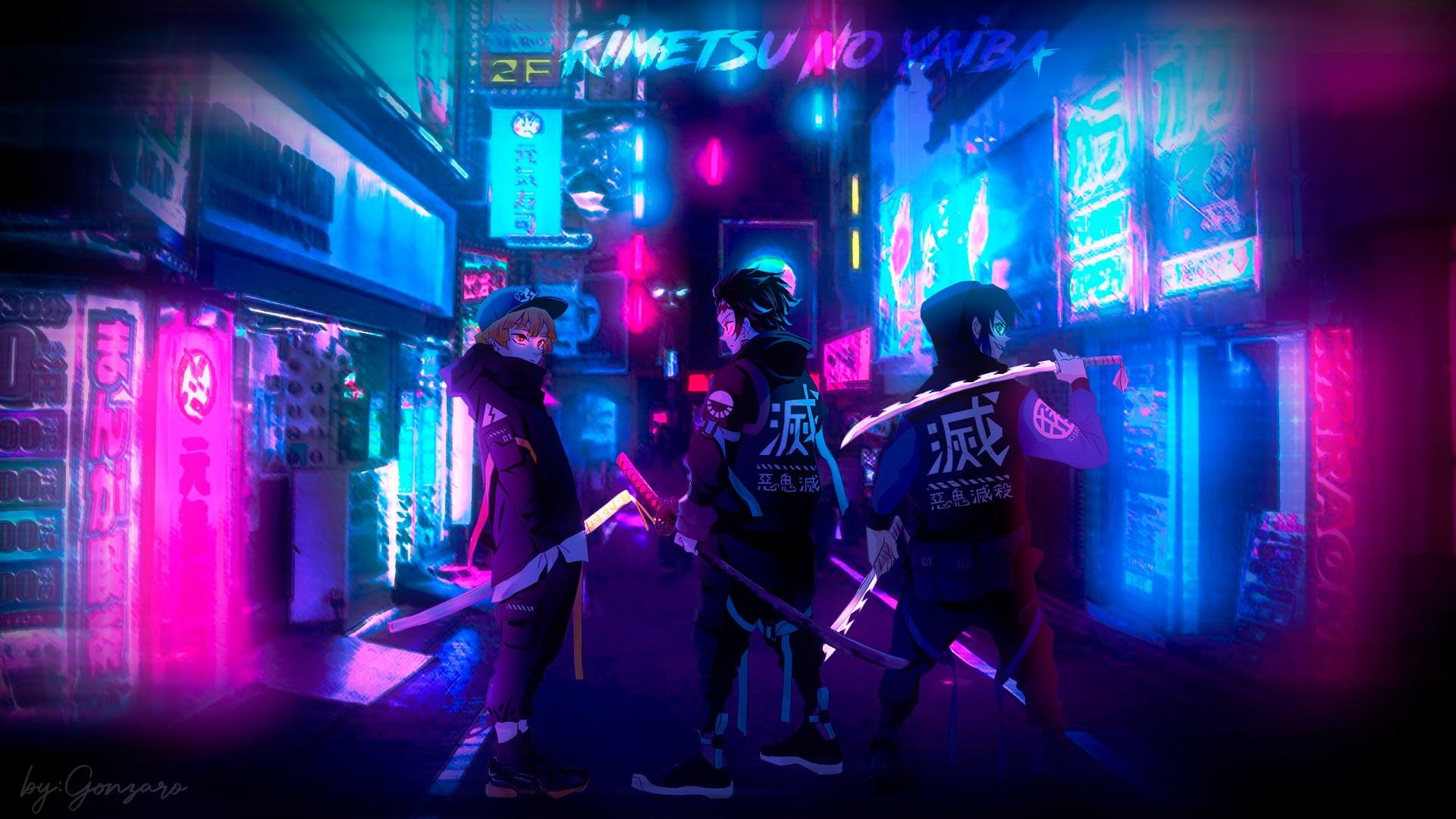 chinese classical, Tanjiro Kamado, techno punk, anime boys, Kamado Tanjirō, Zenitsu Agatsuma, neon, black jackets, anime design, Kimetsu no Yaiba, Inosuke Hashibira, HD Wallpaper