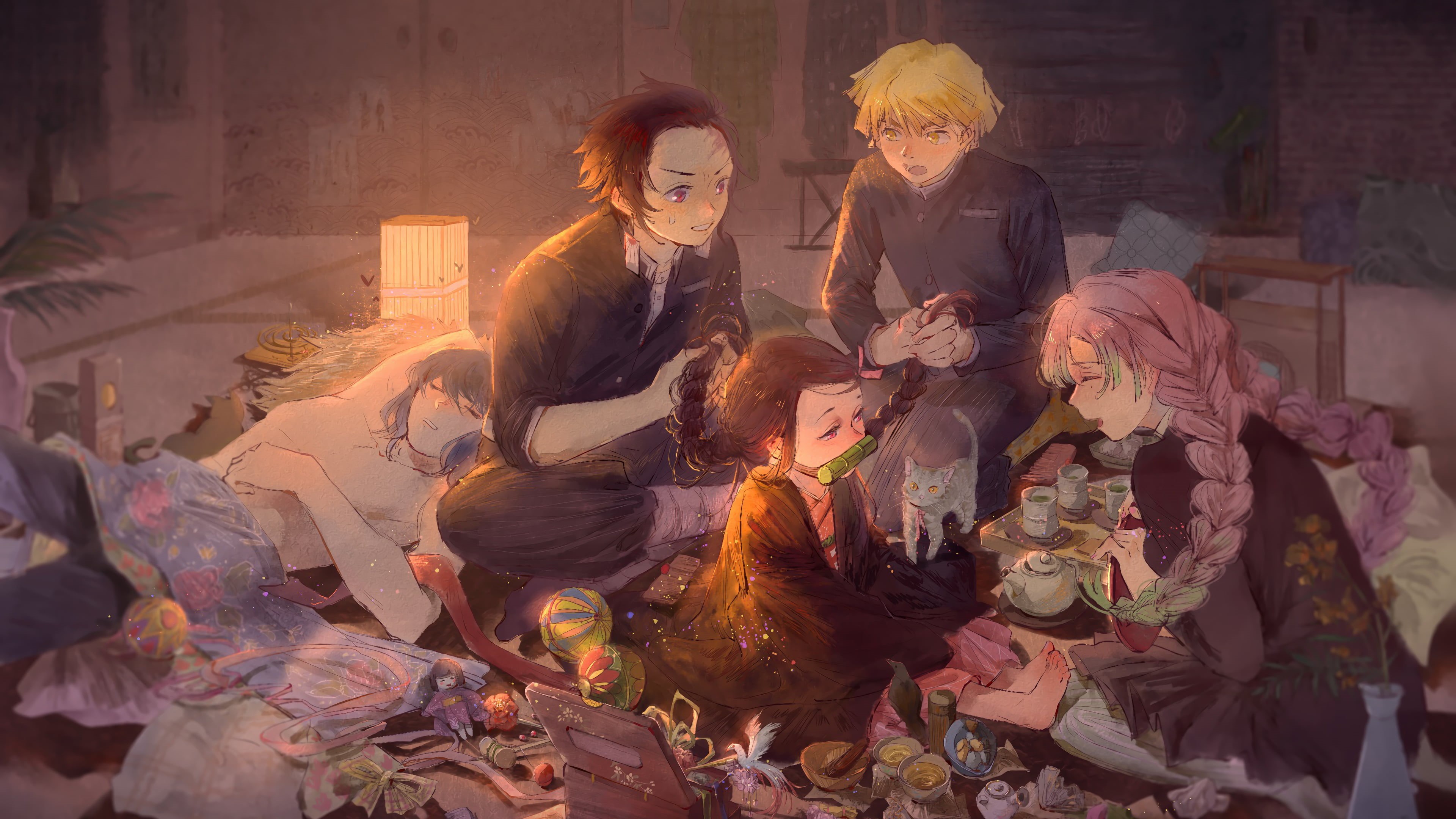 Kamado Nezuko, artwork, Zenitsu Agatsuma, anime, 4K, digital art, Inosuke Hashibira, Tanjiro Kamado, Mitsuri Kanroji, Kimetsu no Yaiba, Kamado Tanjirō, HD Wallpaper
