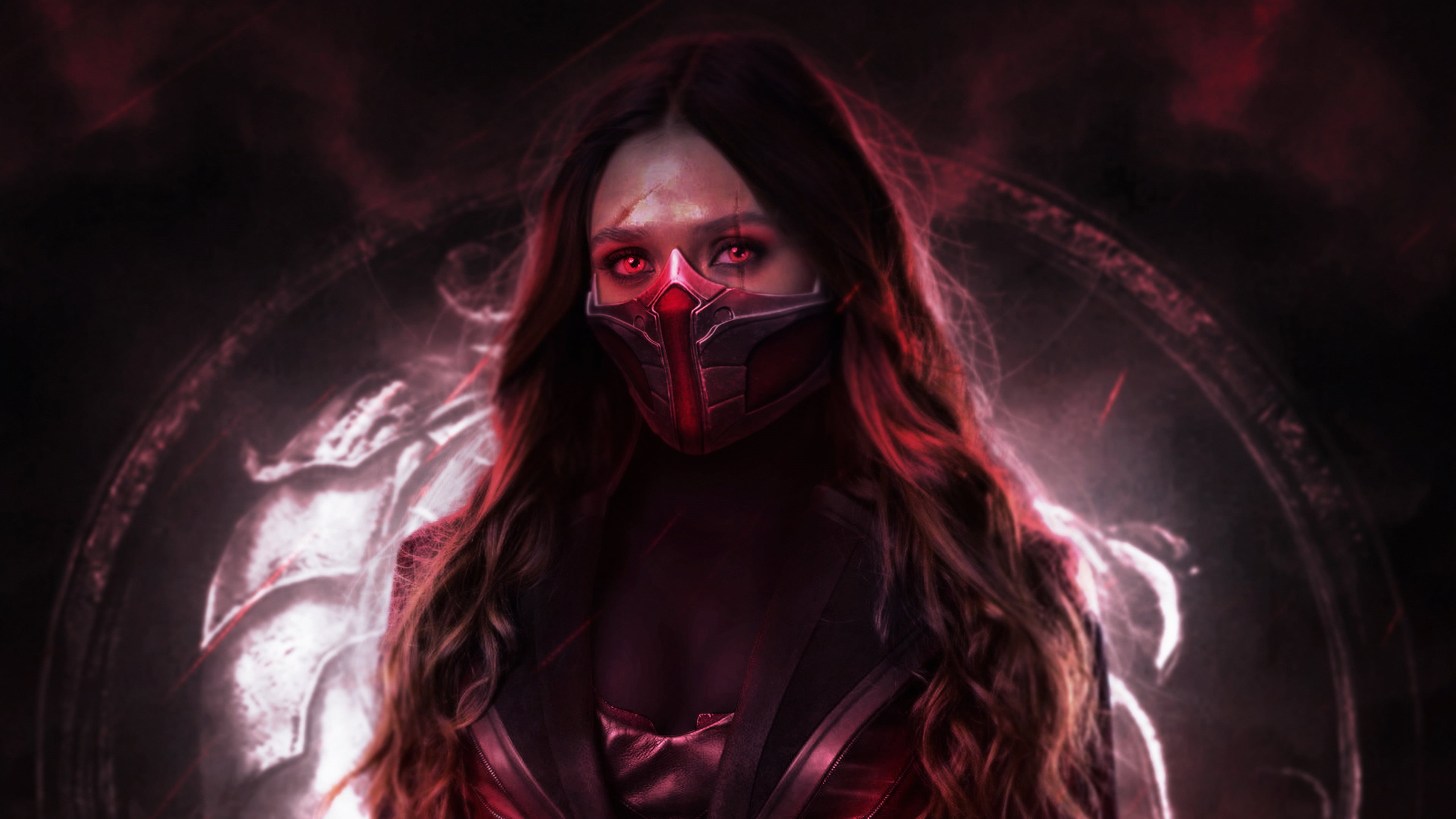 red, women, Adobe, long hair, Skarlet, fantasy girl, face mask, digital, retouching, Scarlet Witch, Mortal Kombat, mask, 4K, Elizabeth Olsen, Photoshop, HD Wallpaper