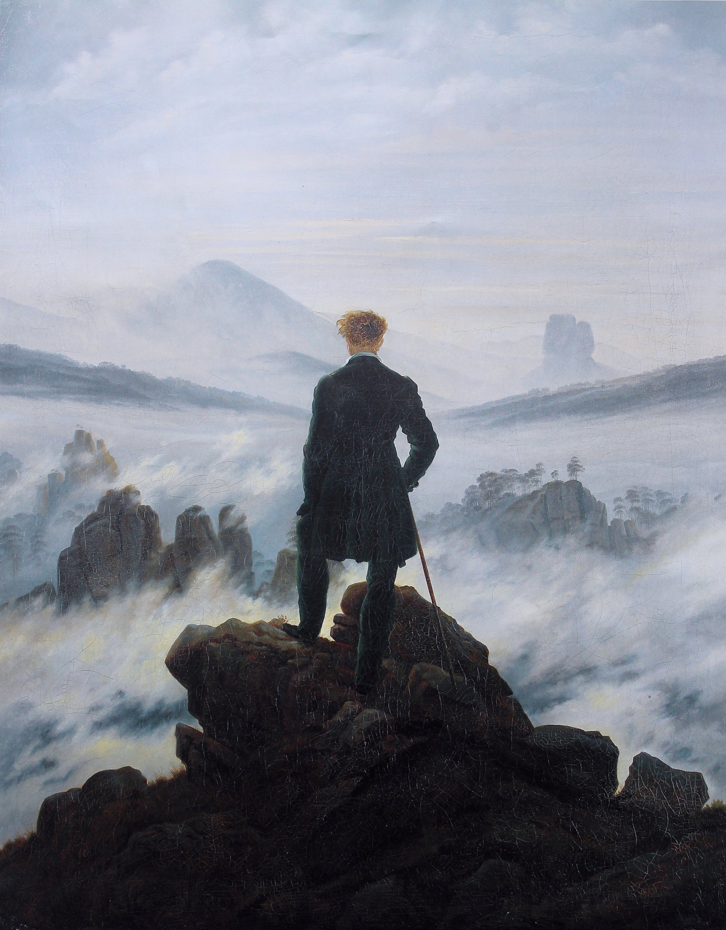 hiking, sky, beauty in nature, one Person, looking at view, standing, lifestyles, wanderer above the sea of fog, people, men, rear view, 2K, daytime, artwork, Phone HD Wallpaper