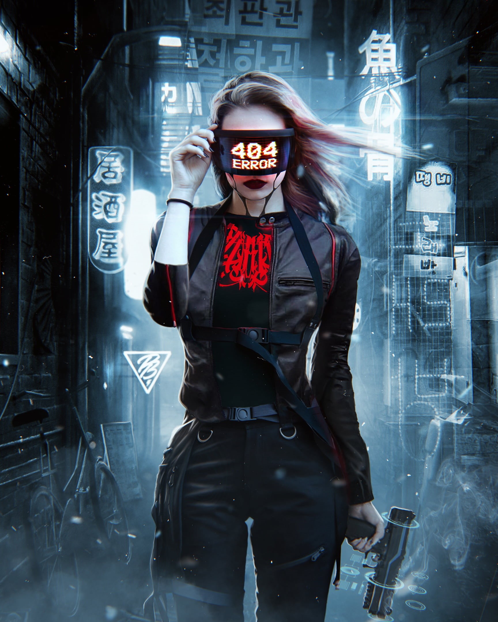 RUINER, black clothing, artwork, pants, women, gun, digital art, futuristic, blonde, Pavel Bondarenko, jacket, cyberpunk, Photoshop, bicycle, neon, 1080P, Phone HD Wallpaper