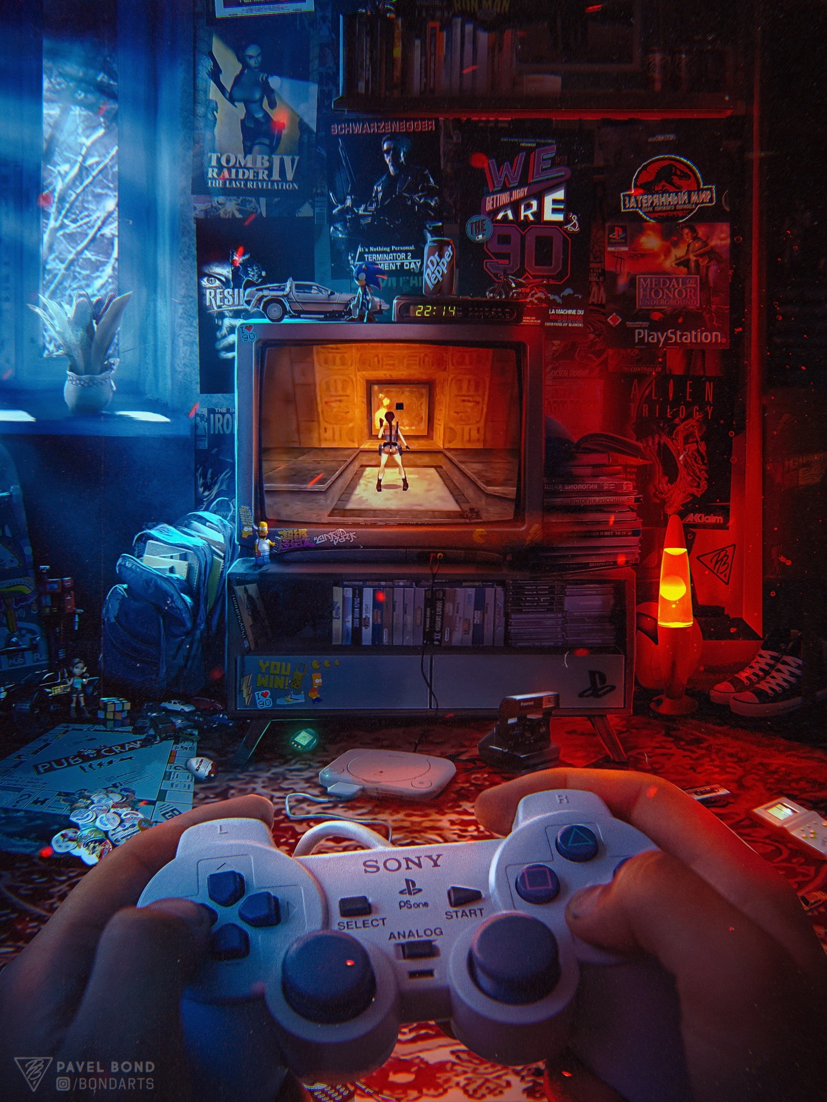 digital art, Sonic, monopoly, Tomb Raider, lava lamp, backpacks, Converse, Play Station, 1080P, TV, video games, consoles, Pavel Bondarenko, Tomb Raider IV: The Last Revelation, Phone HD Wallpaper