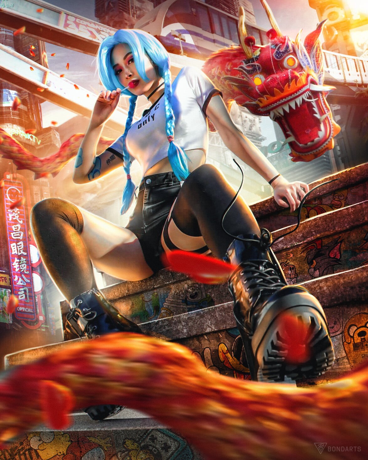 stairs, high waisted, 720P, low-angle, T-shirt, boots, lollipop, women, shorts, chinese dragon, drawing, pigtails, graffiti, thigh high socks, Pavel Bondarenko, Phone HD Wallpaper