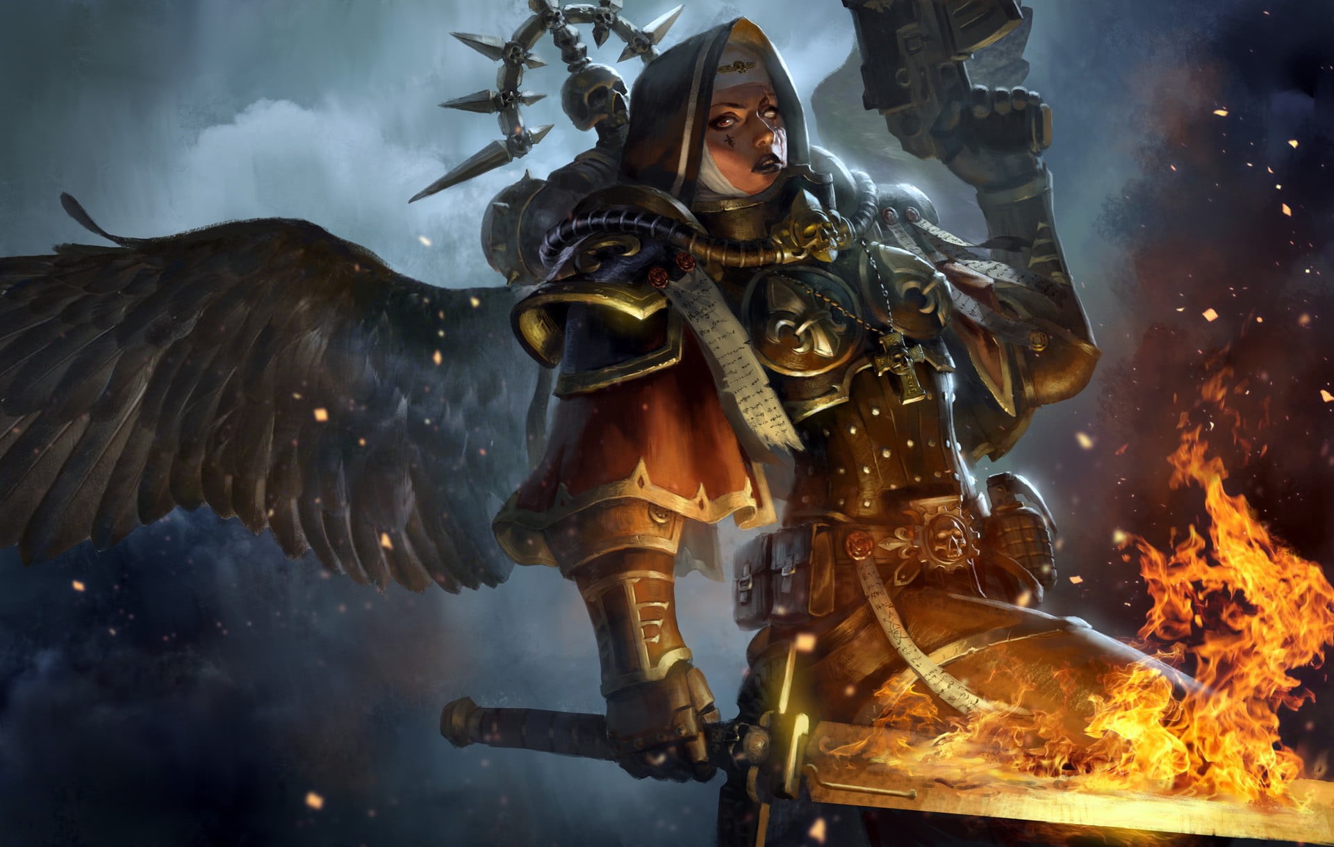 Sisters of Battle, Warhammer 40,000, fire, 1080P, Jianing Hu, HD Wallpaper