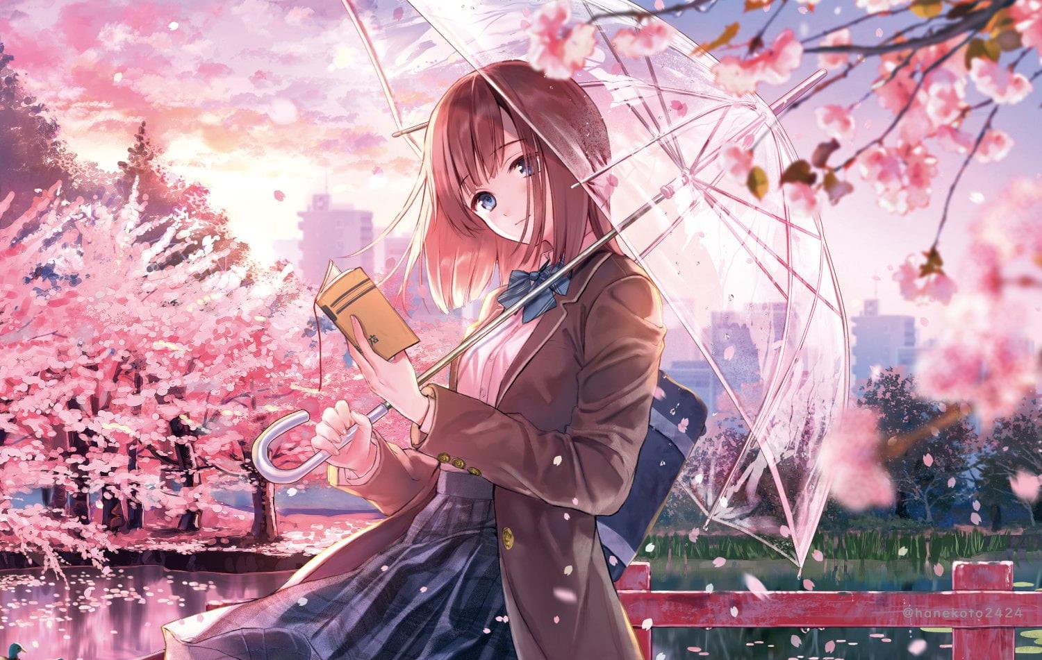 cherry blossom, 720P, umbrella, anime girls, HD Wallpaper