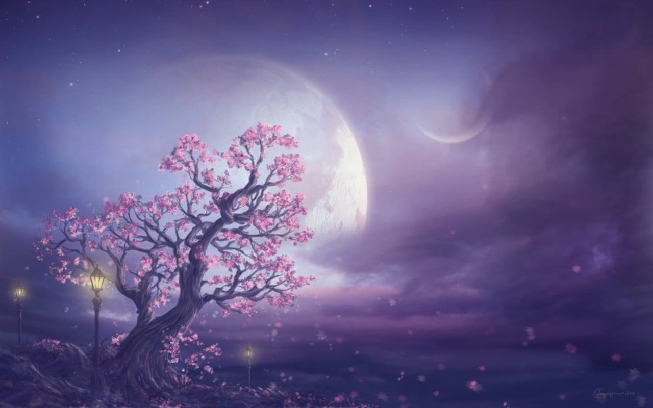 full moon, springtime, flower, beauty in nature, cherry, fantasy, purple, plant, Art And Creative, 720P, cloud - sky, art, flowering plant, tree, night, HD Wallpaper