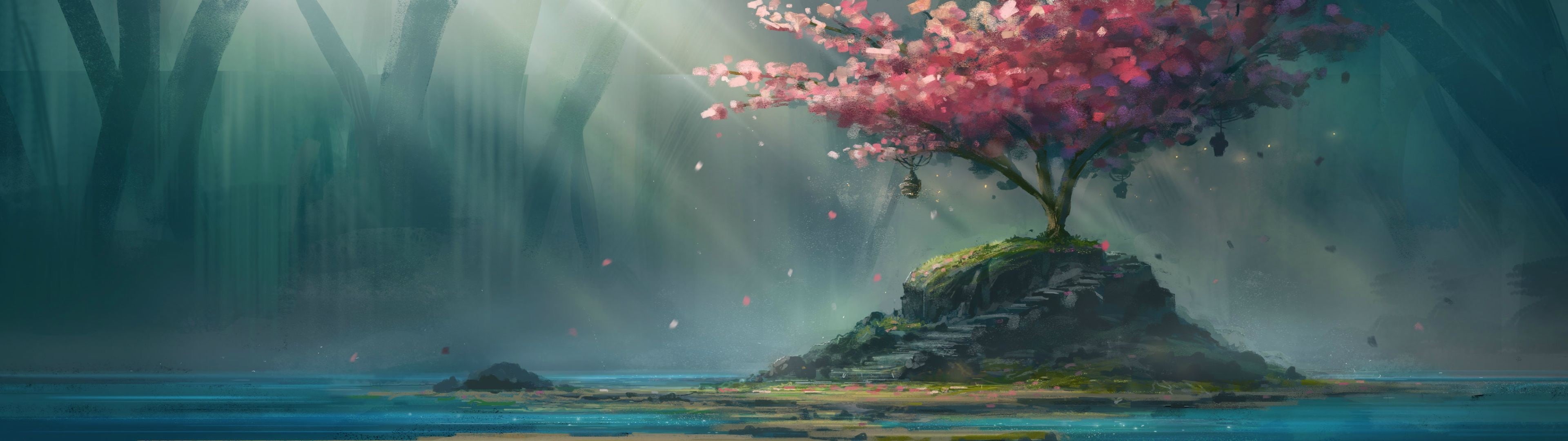 blue, green Color, fog, waterfall, landscape, growth, 4K, pink, blossoms, mist, long exposure, sea, leaf, plant, multi Colored, forest, sky, travel, land, HD Wallpaper