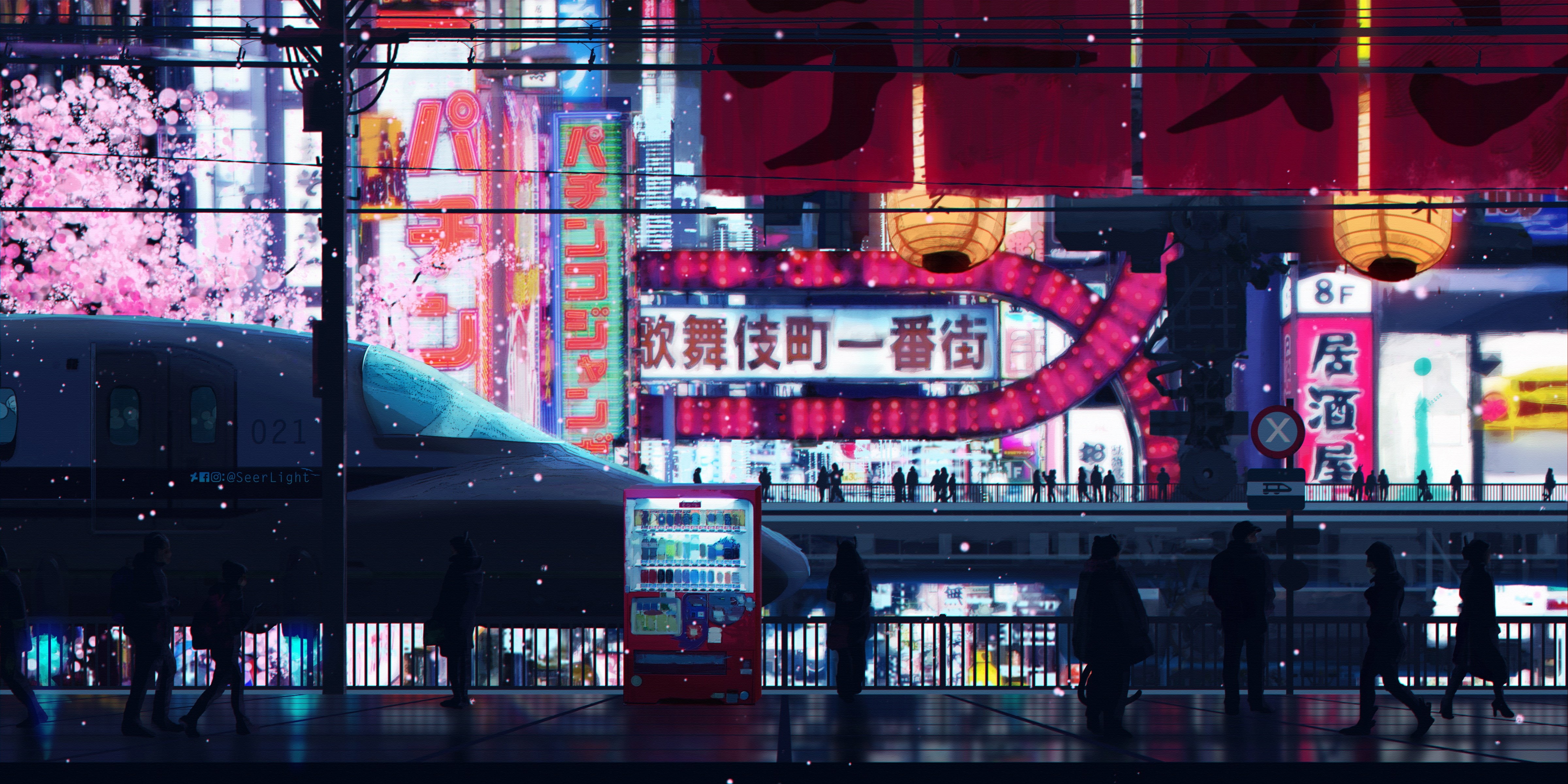 people, station, 4K, cherry blossoms, platform, Japan, night city lights, Tokyo, Seerlight, advertising, art, train, characters, HD Wallpaper