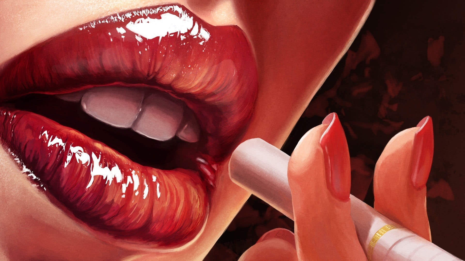artwork, smoking, red lipstick, digital art, finger, mouth, person, red, lipstick, fashion, make-up, human teeth, human body part, adult, close-up, HD Wallpaper