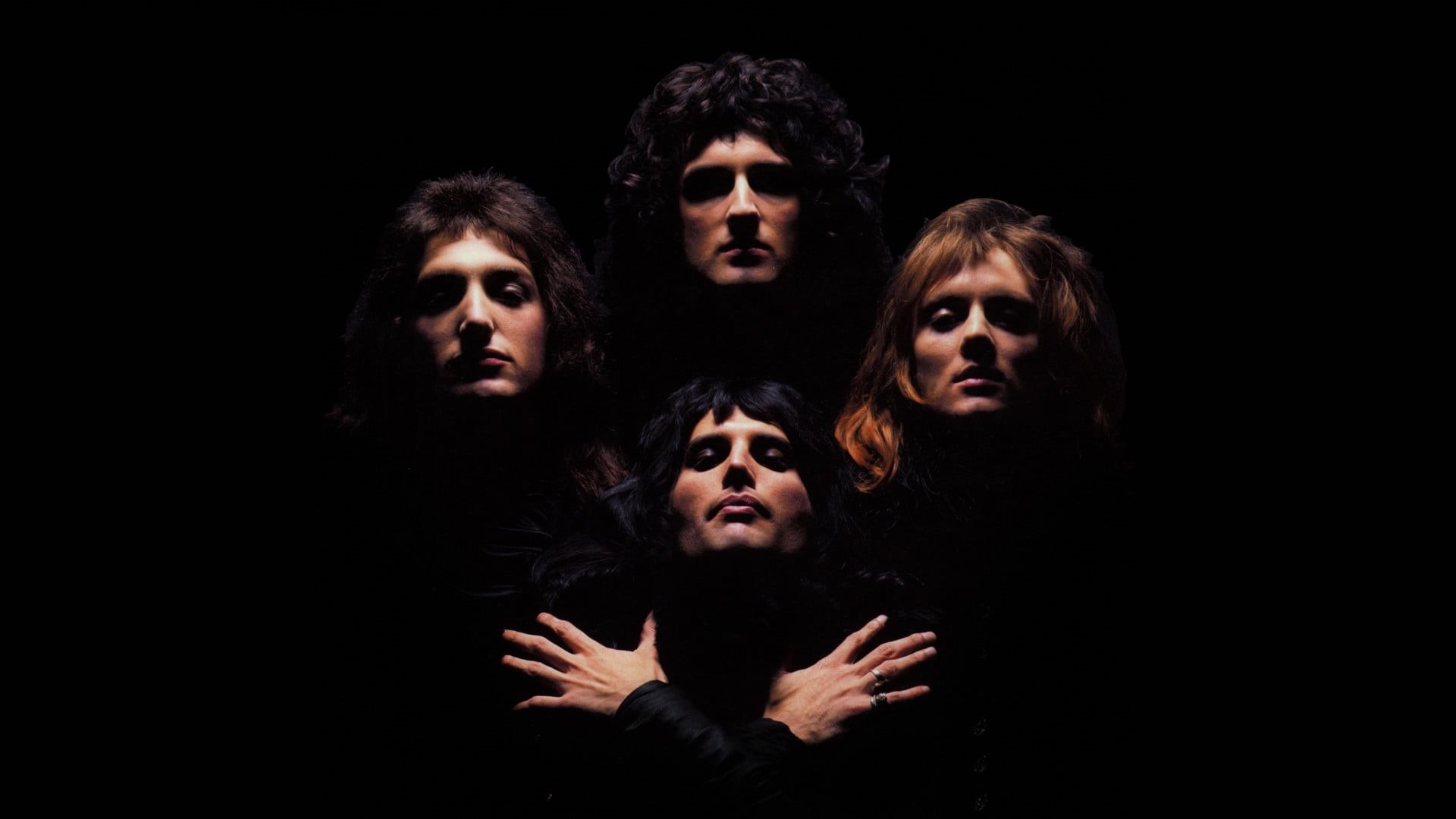 studio shot, Freddy Mercury, Bohemian Rhapsody, black background, young men, togetherness, teenager, emotion, Queen , musician, men, looking at camera, HD Wallpaper