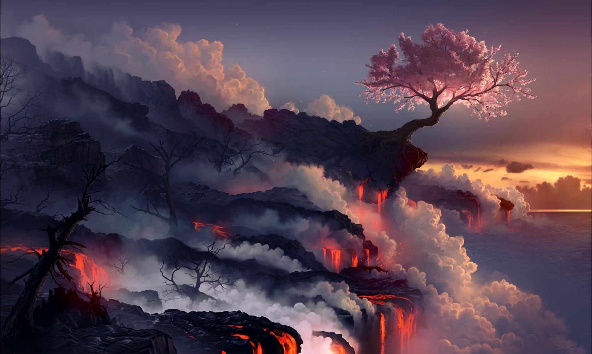 1080P, leaf, oriental cherry, volcano, oriental, pink, tree, cherry, eruption, lava, HD Wallpaper