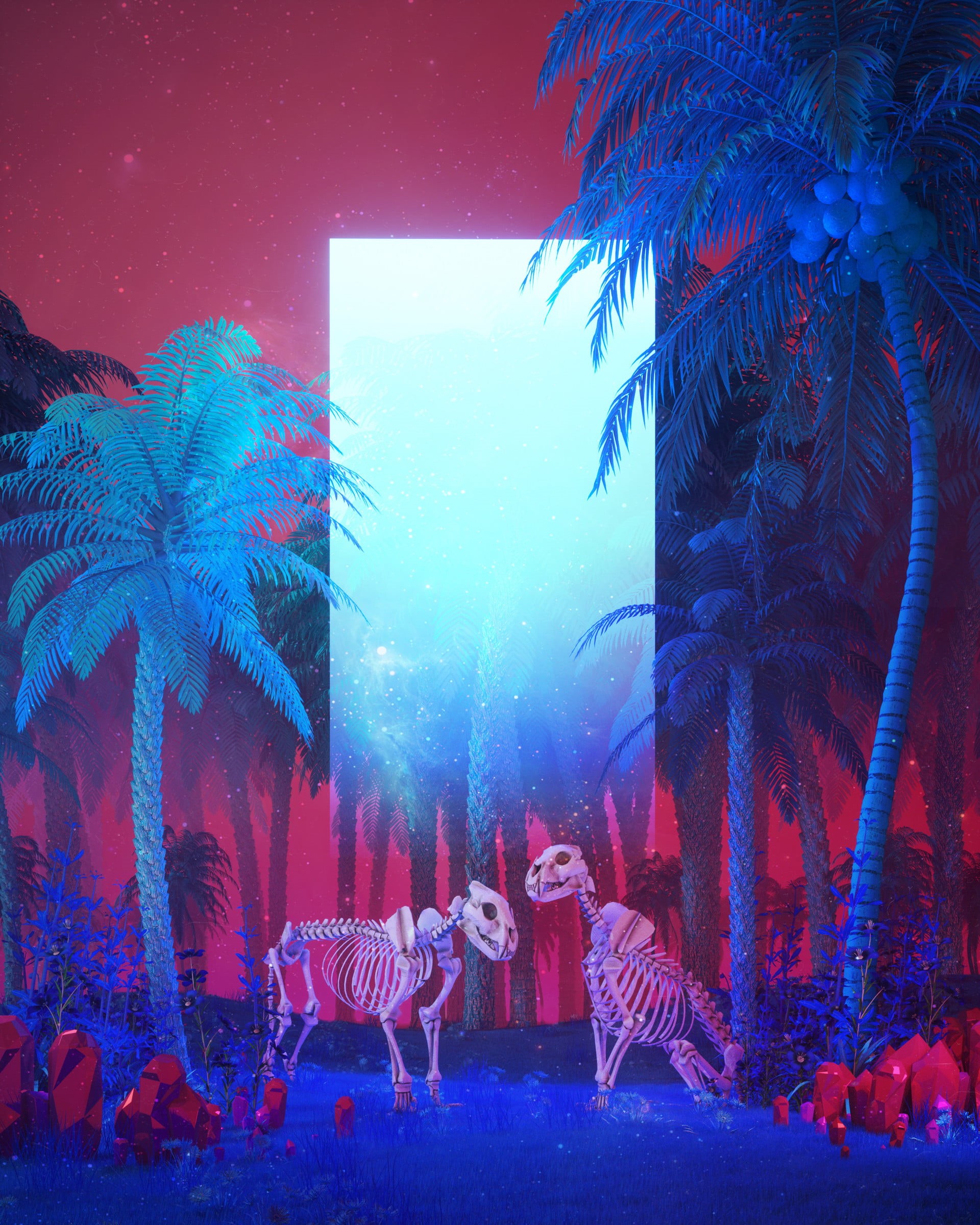 nature, arts culture and entertainment, blue, two, dinosaur, plant, full length, emotion, people, sky, night, group of people, motion, digital composite, Phone HD Wallpaper