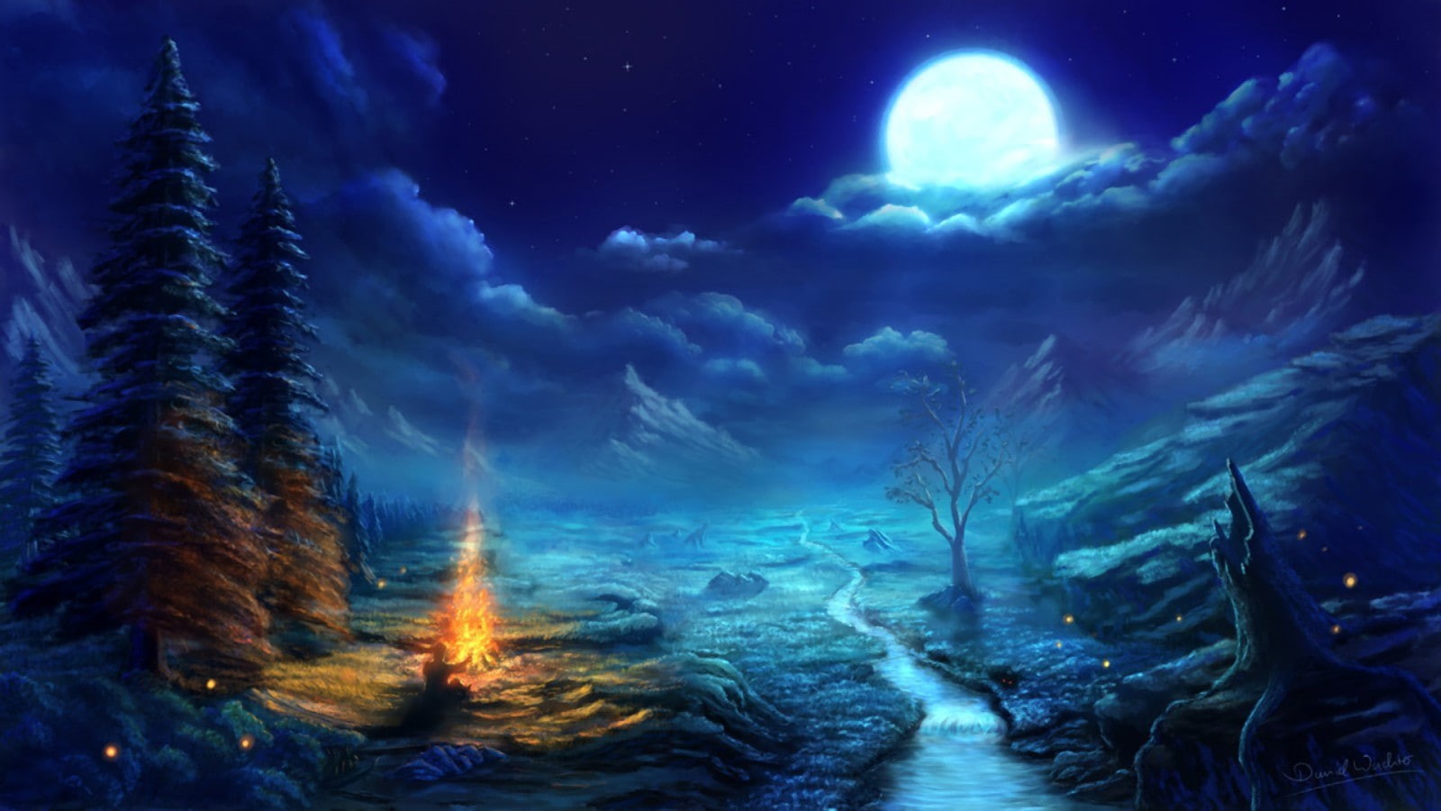 fantasy art, fire, night, dead trees, nature, 720P, Moon, campfire, pine trees, men, clouds, stream, trees, landscape, digital art, HD Wallpaper