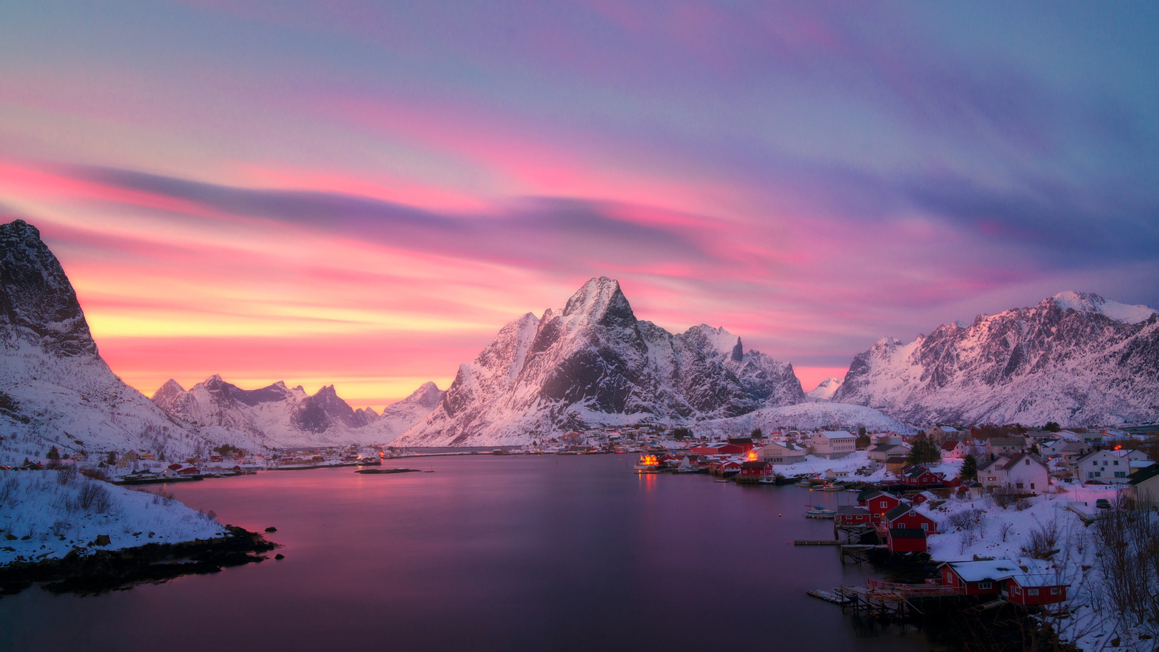 4K, laptops, village, desktop, hd, fishing, mobile, phones, dusk, lofoten, norway, reine, tablets, HD Wallpaper