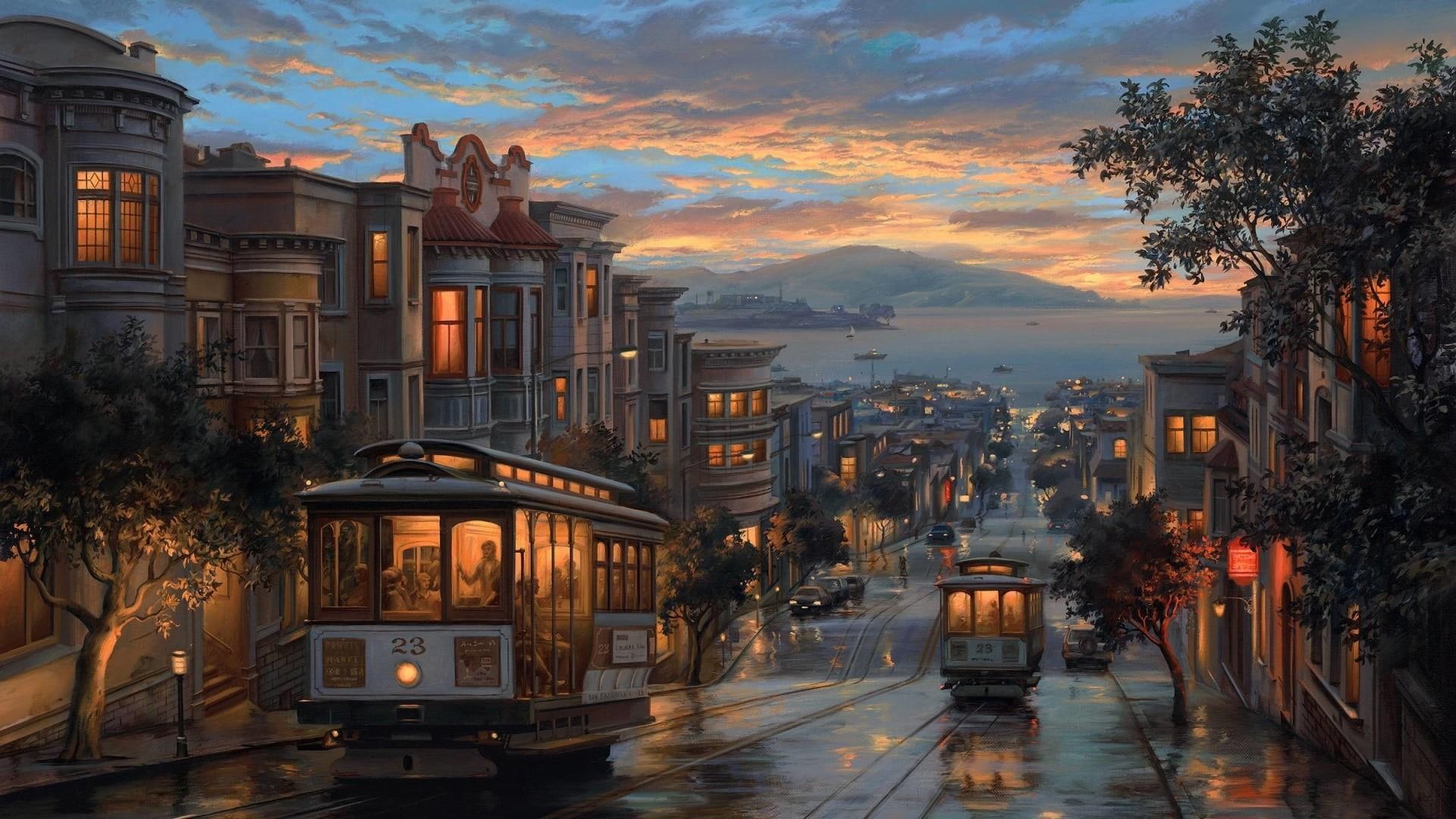 sky, city, home, cable car system, painting, dusk, urban area, metropolis, residential area, cable car, san francisco, tram, evening, tree, town, 1080P, HD Wallpaper