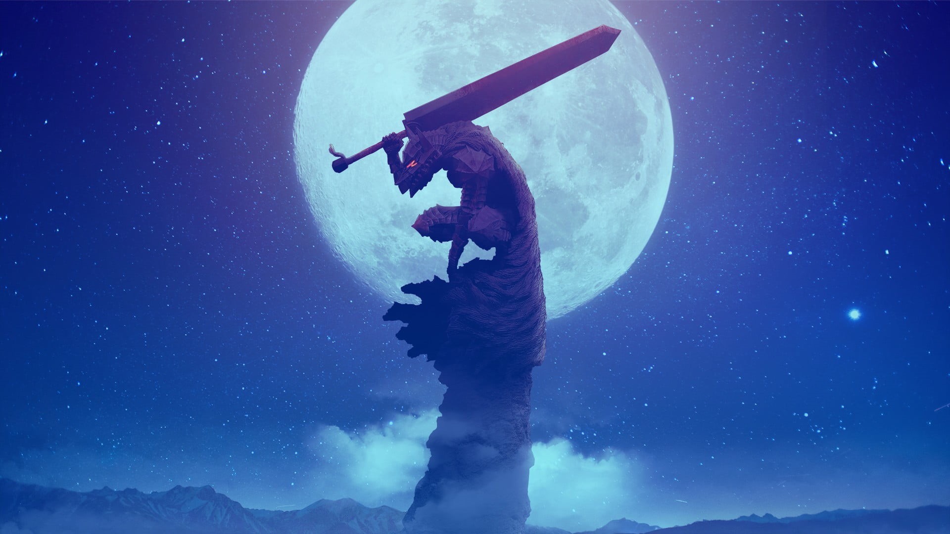 anime, scenics - nature, Berserk, holding, beauty in nature, space, night, star - space, astronomy, nature, sky, Guts, reflection, men, adventure, full moon, HD Wallpaper