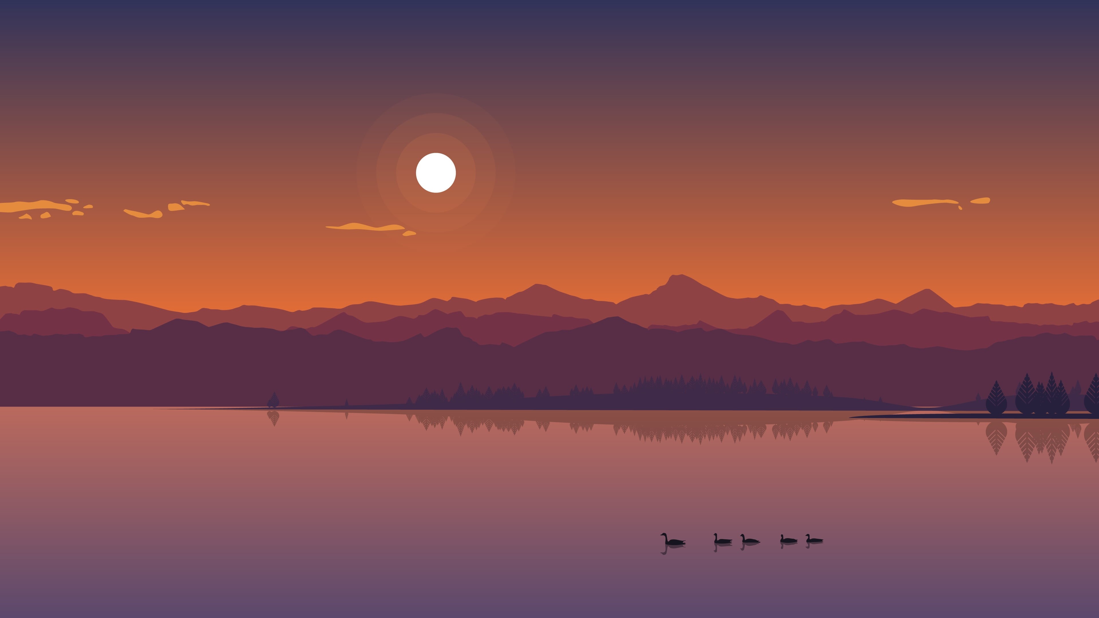 animals in the wild, calm, minimal, flock of birds, vertebrate, red sky, outdoors, minimalism, reflection, nature, 4K, minimalist, afterglow, group of animals, HD Wallpaper
