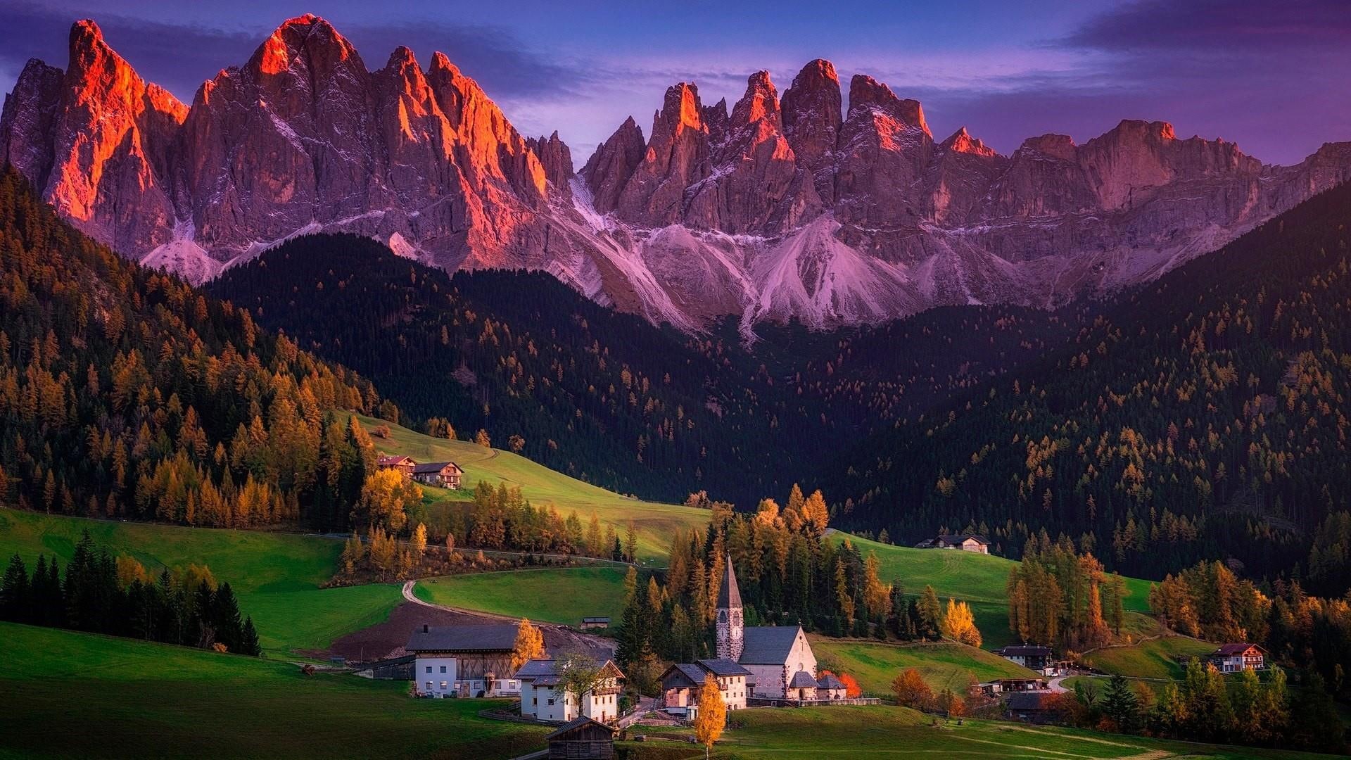village, landscape, morning, valley, 1080P, wilderness, mount scenery, mountainous landforms, mountain, alps, santa maddalena, nature, mountain village, HD Wallpaper