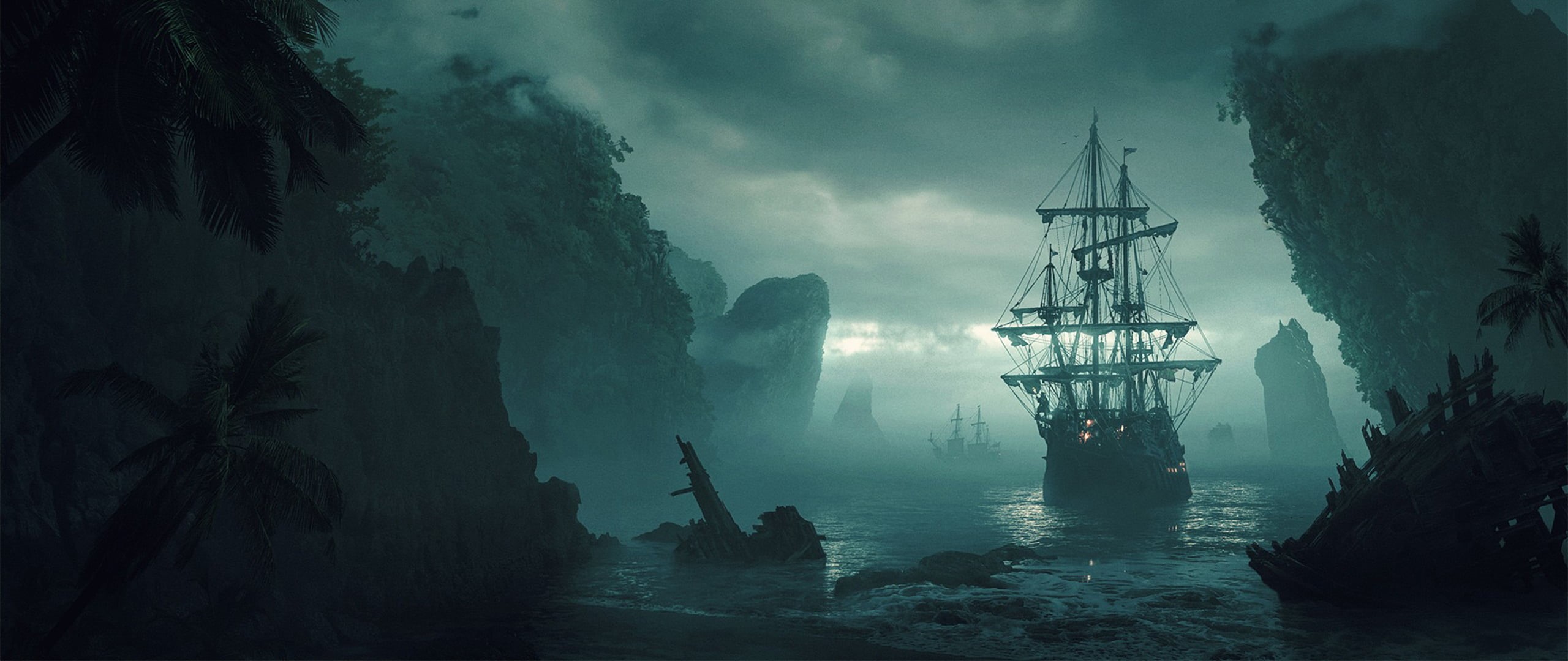 morning, 2K, ship, scenics - nature, transportation, cloud - sky, game, sea, landscape, sailing ship, land, fog, smog, environment, tree, nature, dark, HD Wallpaper