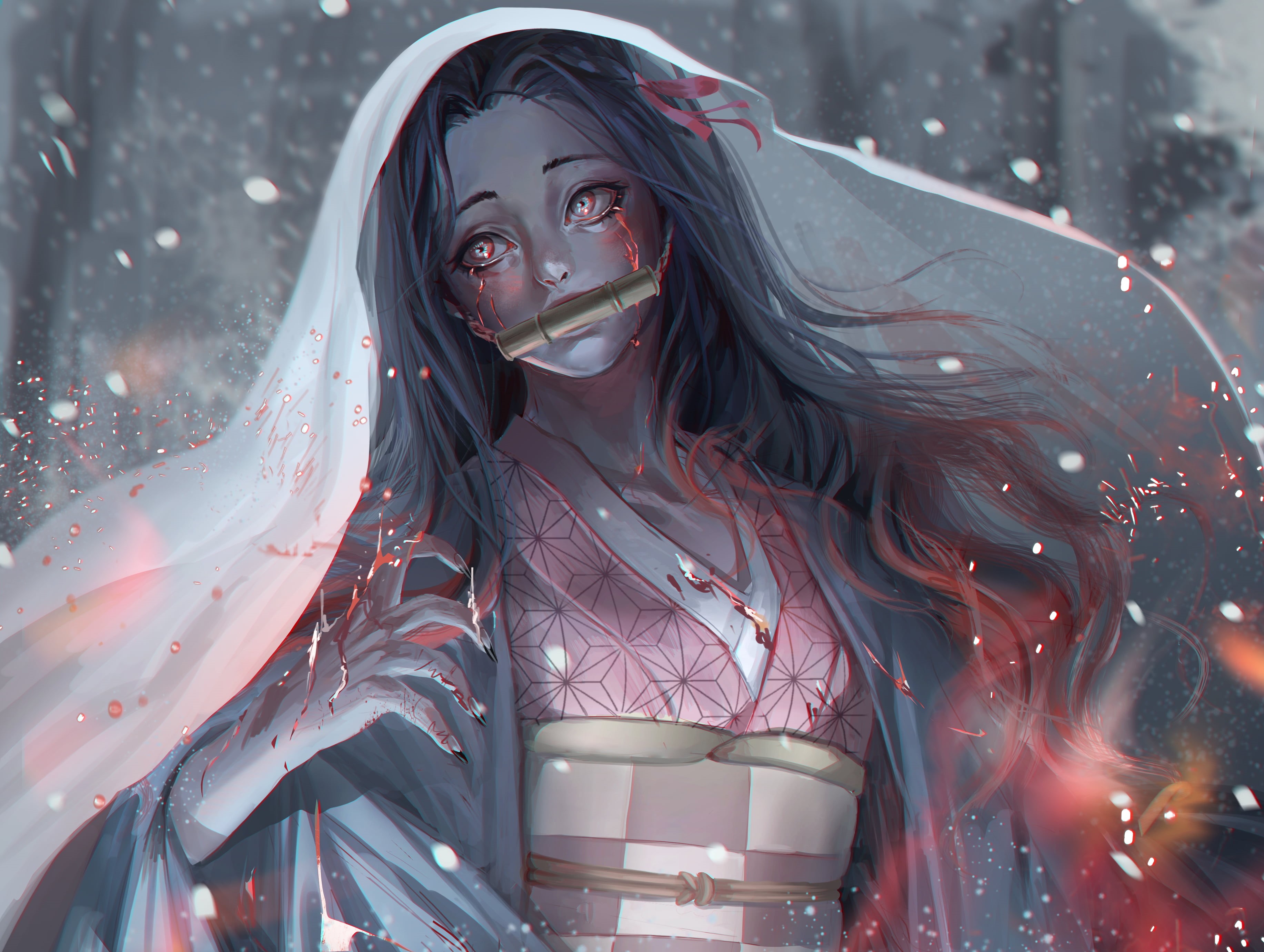 bamboo, long hair, Japanese kimono, multi-colored hair, anime girls, black hair, 2K, Oni, blood, snowing, Kamado Nezuko, Kimetsu no Yaiba, HD Wallpaper