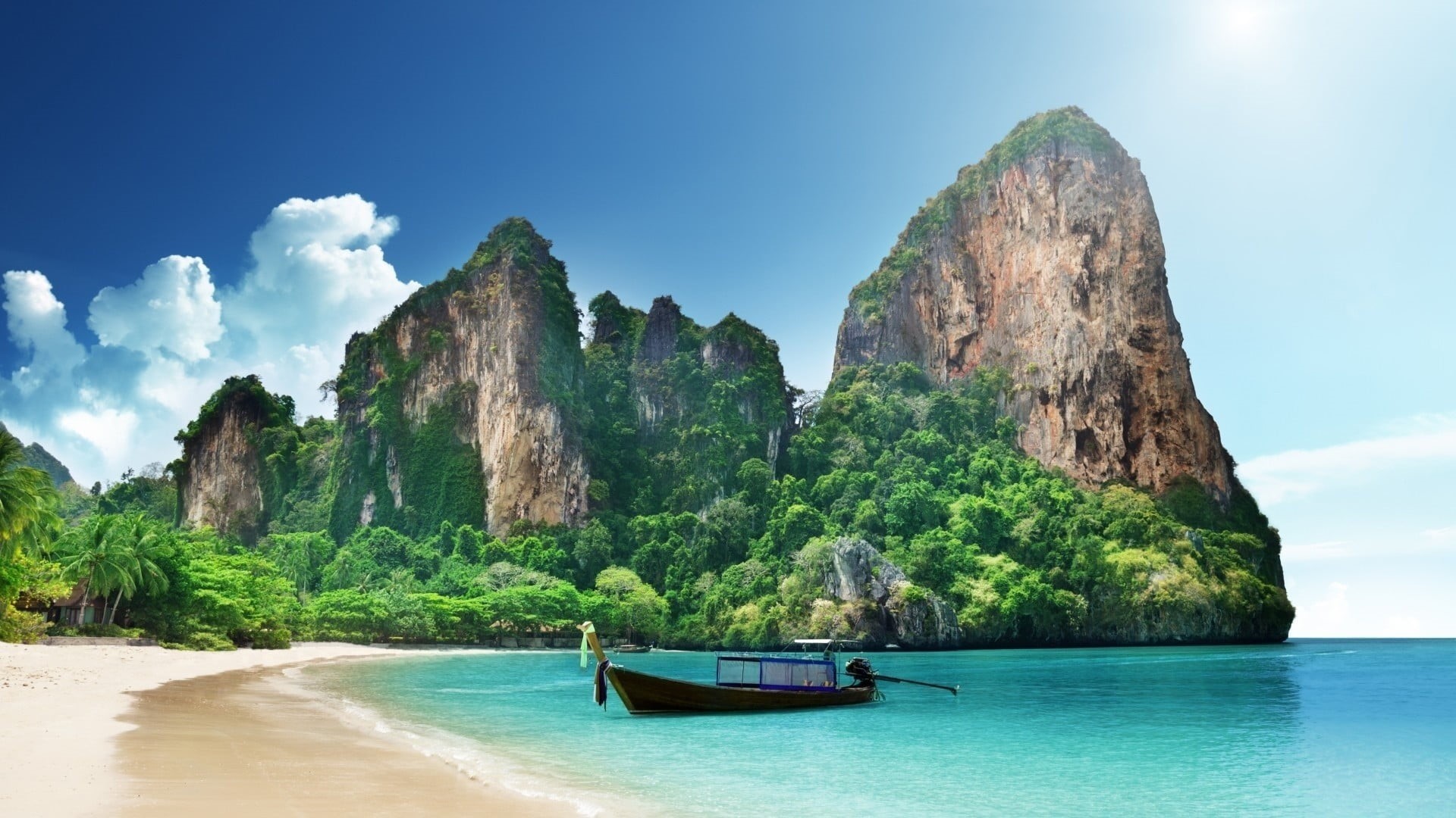 mountains, land, sand, tranquility, black, boat, nautical vessel, sea, mode of transportation, palm trees, mountain, scenics - nature, rock, beach, Thailand, HD Wallpaper