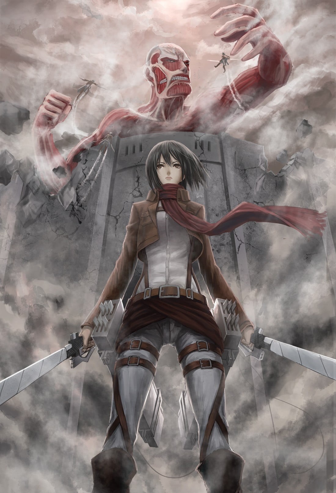 day, architecture, digital composite, environment, sky, nature, mikasa, one person, art and craft, women, confidence, creativity, Shingeki no Kyojin, motion, Phone HD Wallpaper