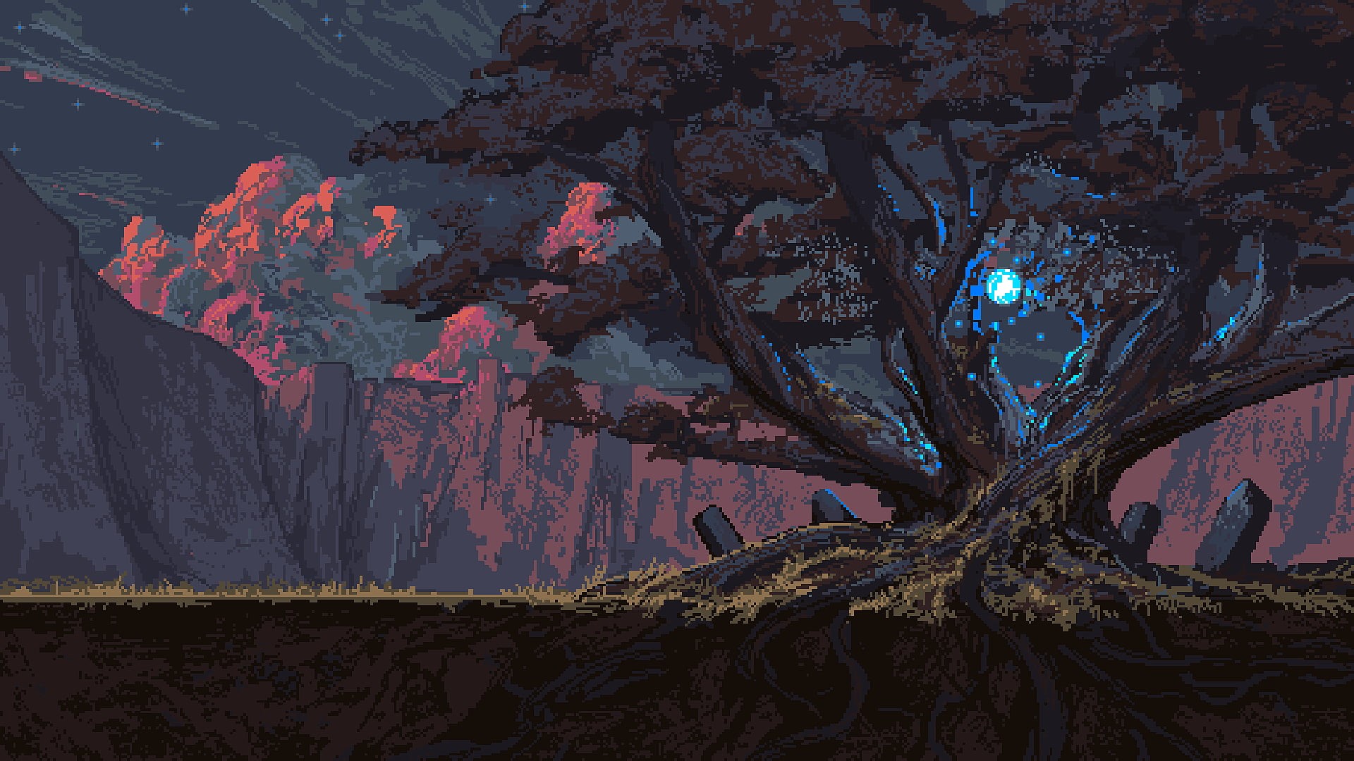 brown, magic, illuminated, painting, nature, no people, trees, plant, beauty in nature, tall, tree trunk, Noah Bradley, night, tranquility, roots, geology, HD Wallpaper