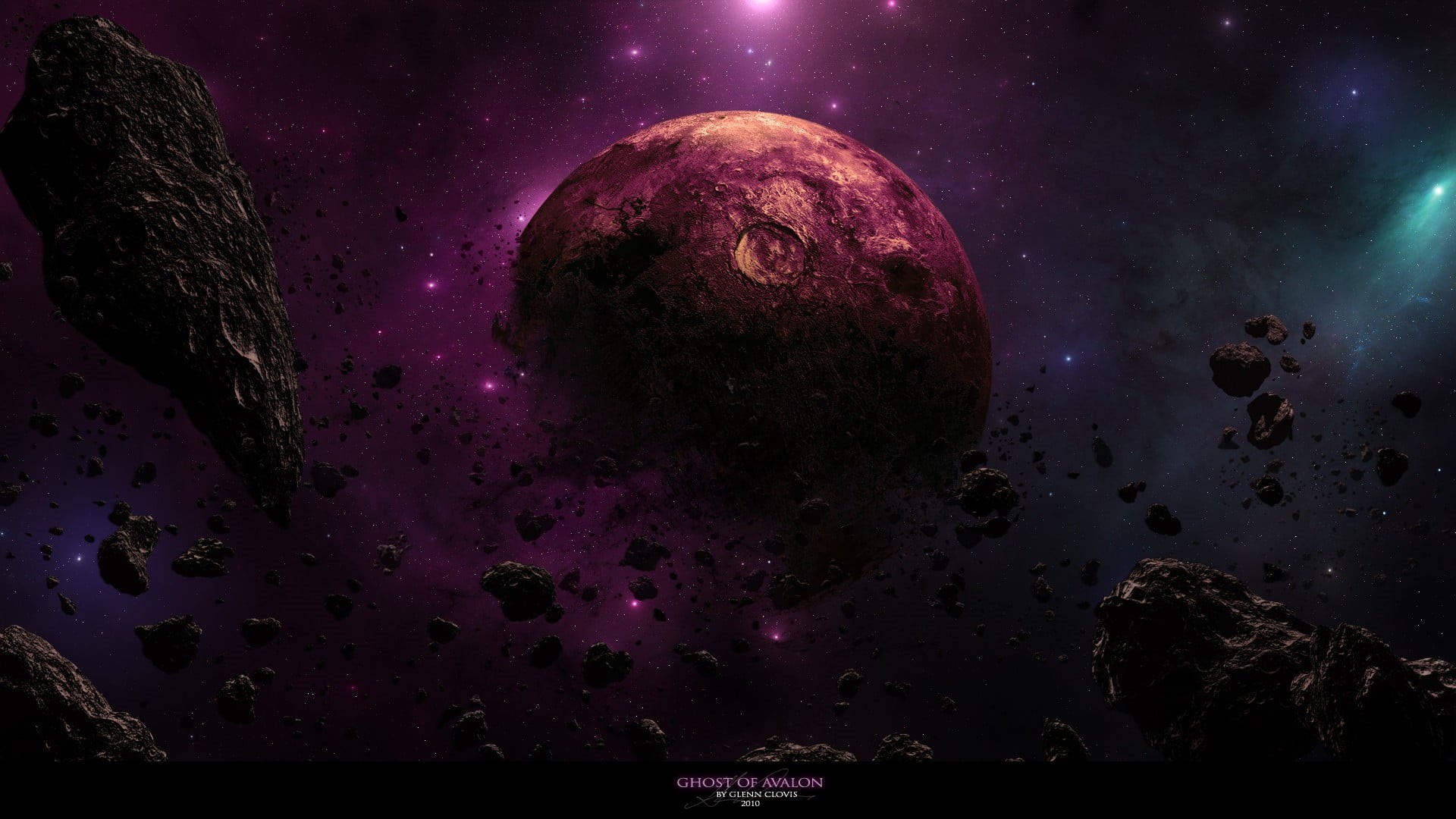 artistic, backdrop, rock - object, earth, sun, stars, moon, glow, pink color, astronomy, cosmos, astrology, abstraction, sky, star, rock, 1080P, star - space, HD Wallpaper
