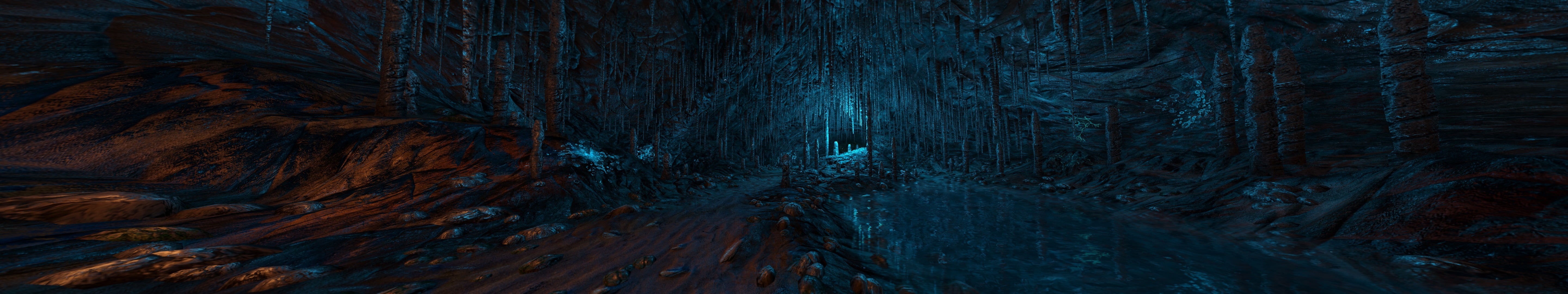 mystery, deep, tranquility, 5K, backgrounds, illuminated, rock, stalagmite, water, body, triple screen, motion, underground, stalactite, illustration, HD Wallpaper