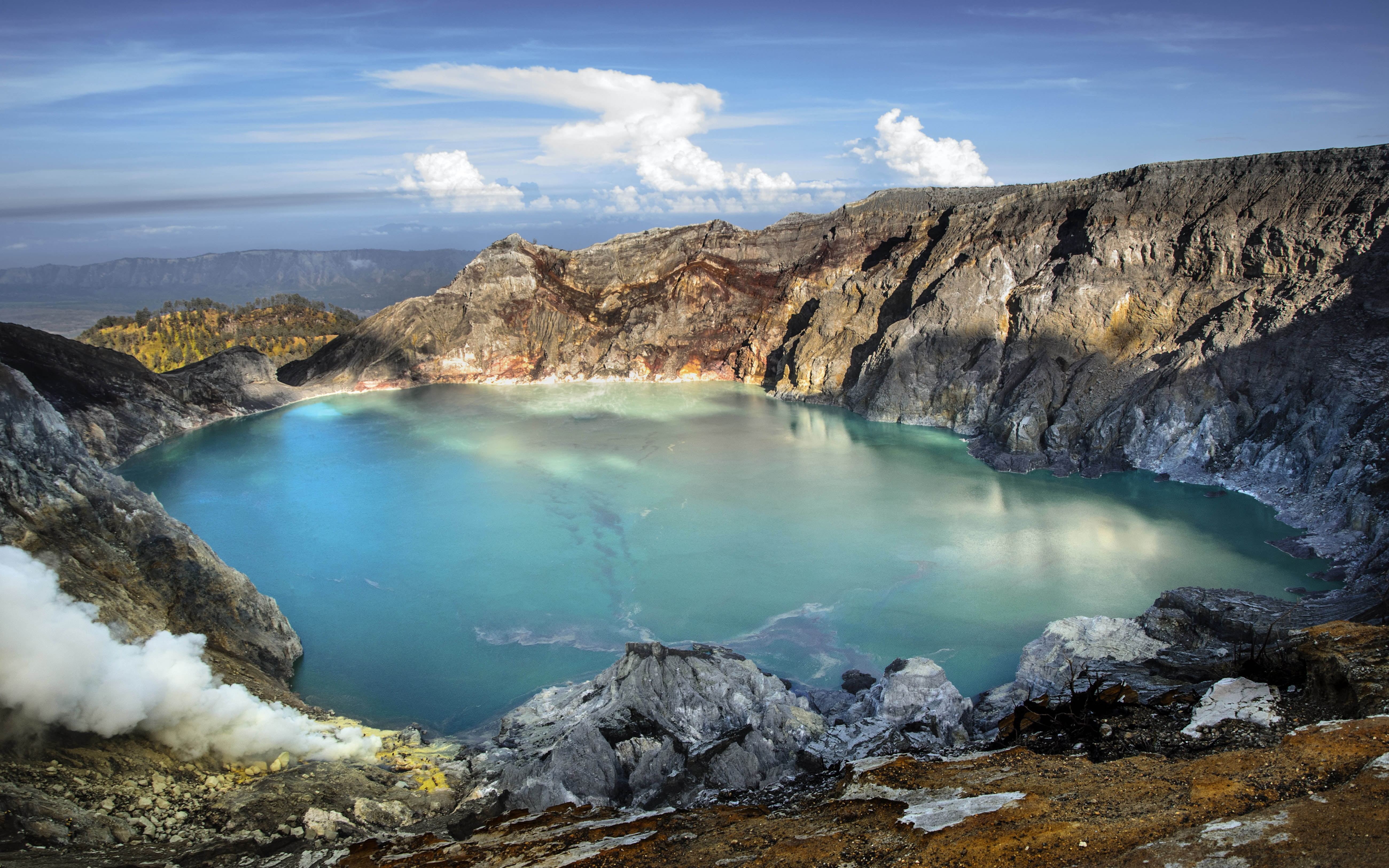 cloud - sky, volcanoes, ijen, landscape, lake, hd, east, solid, formation, scenics - nature, group, geology, power in nature, volcanic crater, water, day, HD Wallpaper