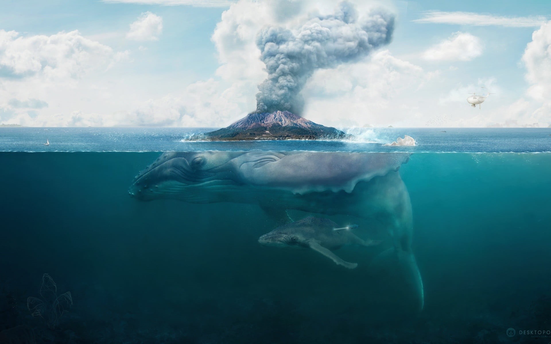 swimming, landscape, pacific Ocean, erupting, sea life, vertebrate, animals in the wild, fantasy art, whale, marine, cloud - Sky, water, vacations, day, HD Wallpaper