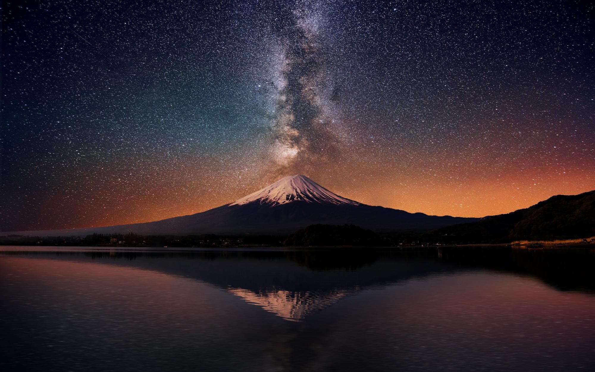 no people, nature, outdoors, beauty In Nature, Mount Fuji, space, Milky Way, blue, reflection, digital art, star - Space, snow, astronomy, tranquil scene, HD Wallpaper