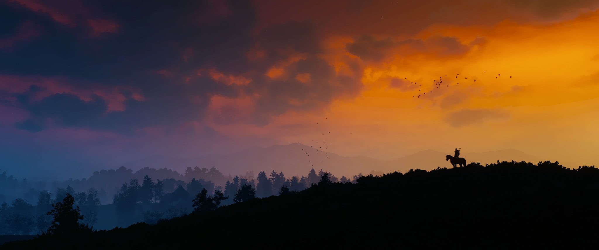 beauty in nature, forest, plant, outdoors, no people, tranquility, digital, mountain peak, The Witcher 3: Wild Hunt, orange color, sky, mountain, 1080P, HD Wallpaper