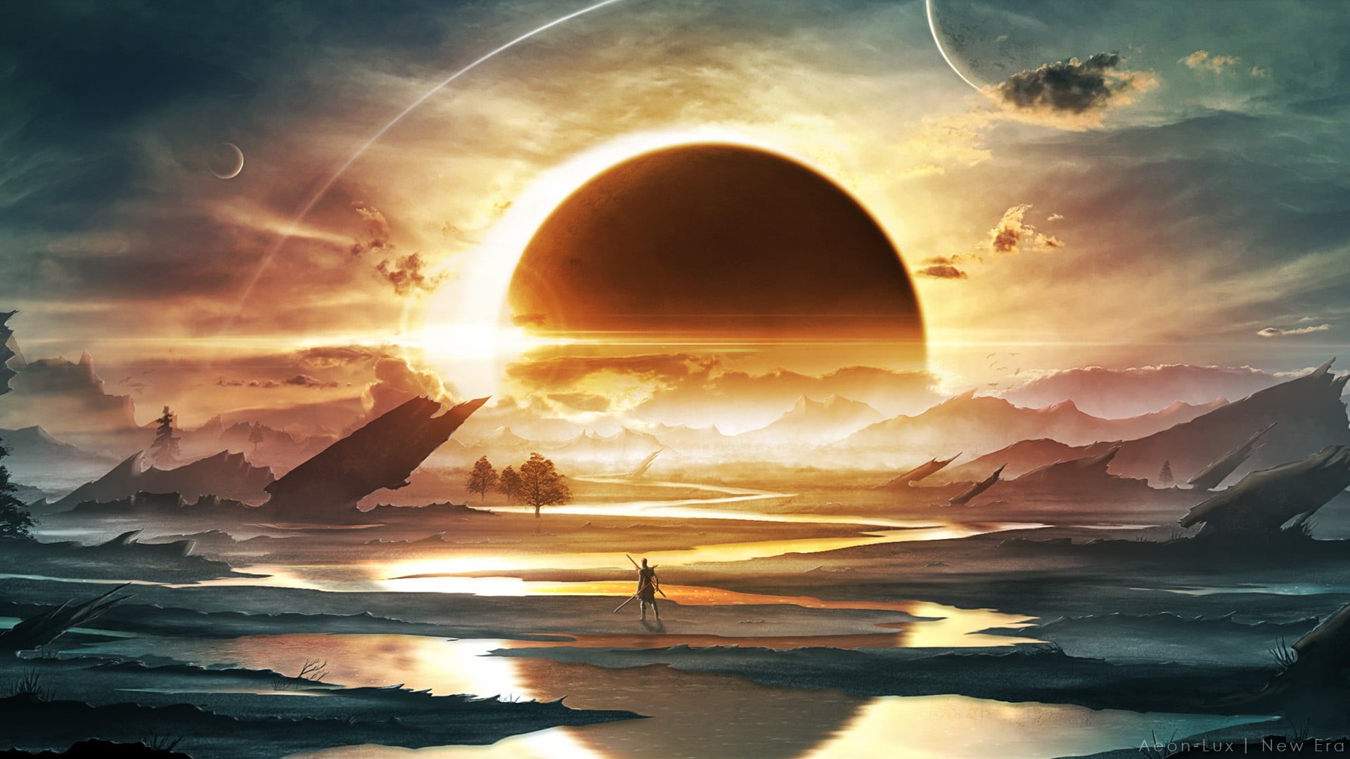 tranquility, no people, landscape, outdoors, sunbeam, scenics - nature, water, planet, moon, digital composite, cloud - sky, beauty in nature, space art, HD Wallpaper