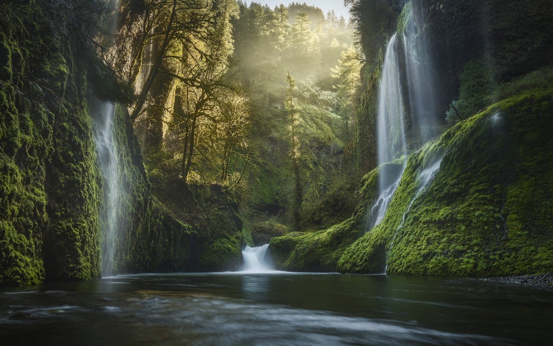 blurred motion, rock, landscape, no people, rock - Object, waterfall, wet, summer, stream, freshness, plant, pine trees, outdoors, environment, moss, mountain, HD Wallpaper