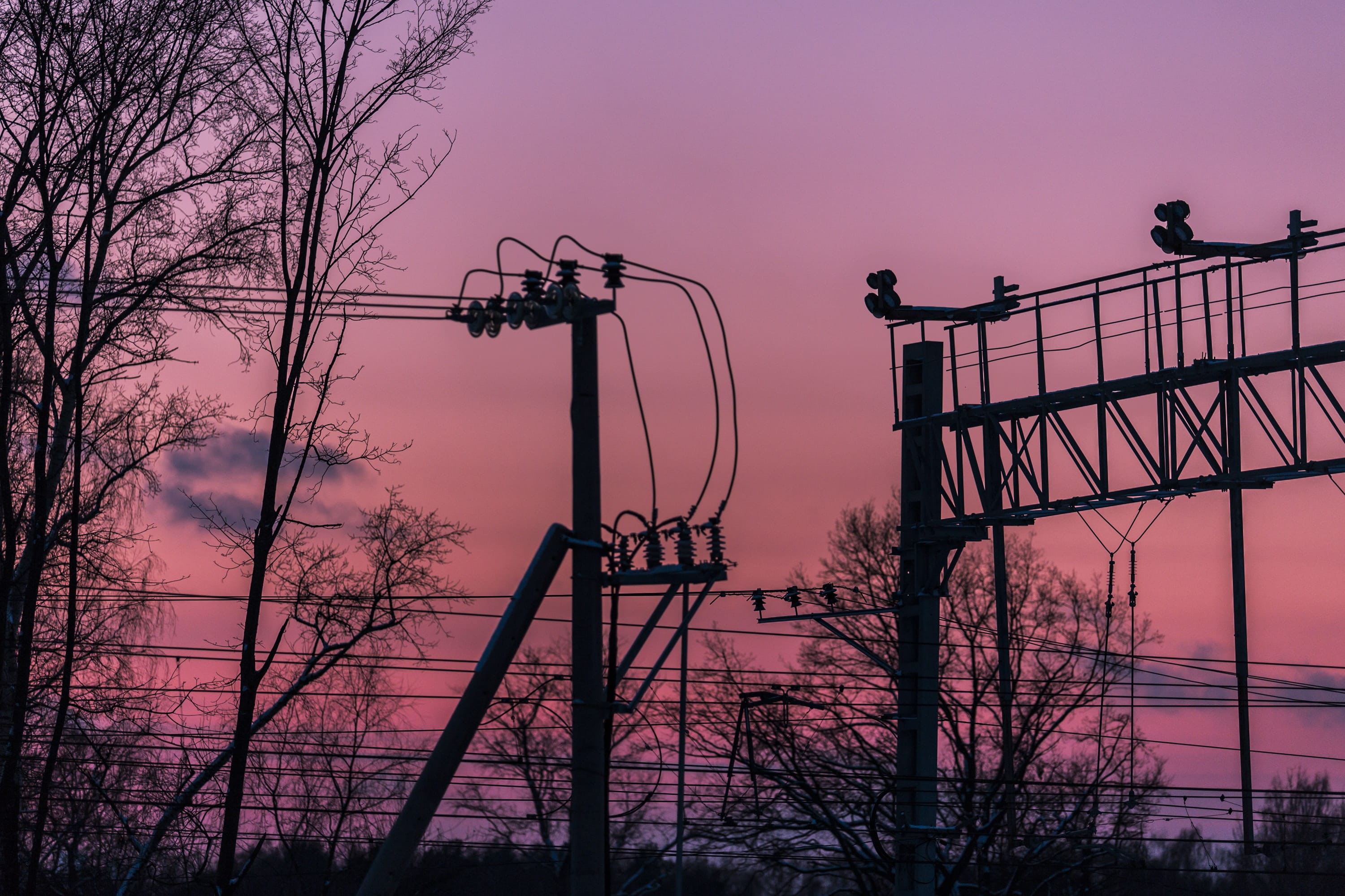 glow, electricity pylon, connection, winter, silhouette, power line, dusk, urban, 2K, branch, nature, complexity, aesthetic, sunset, street, russia, fuel and power generation, HD Wallpaper