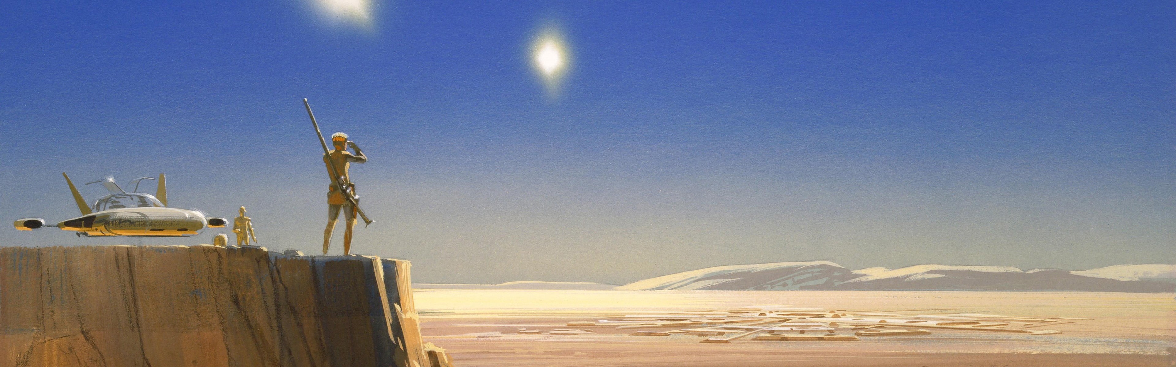 Tatooine, illustration, concept art, airplane, transportation, statue, no people, sculpture, sky, mode of transportation, multiple display, sunlight, travel, HD Wallpaper