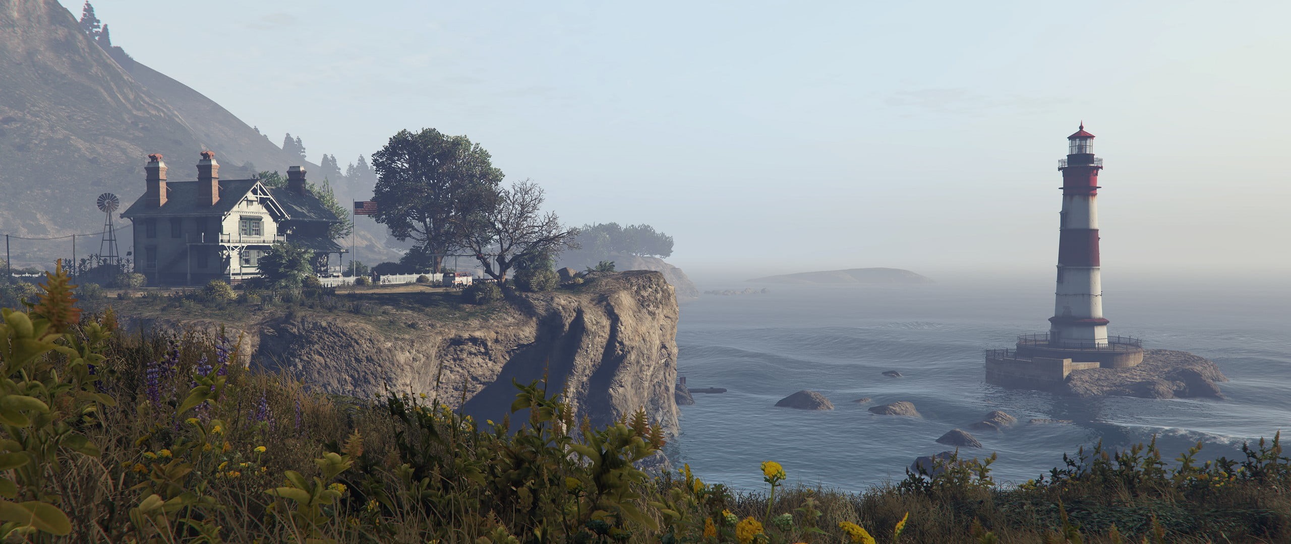 near, architecture, Grand Theft Auto V, built structure, white, plant, fog, nature, video games, history, building, 2K, mountain, tree, house, sky, outdoors, HD Wallpaper