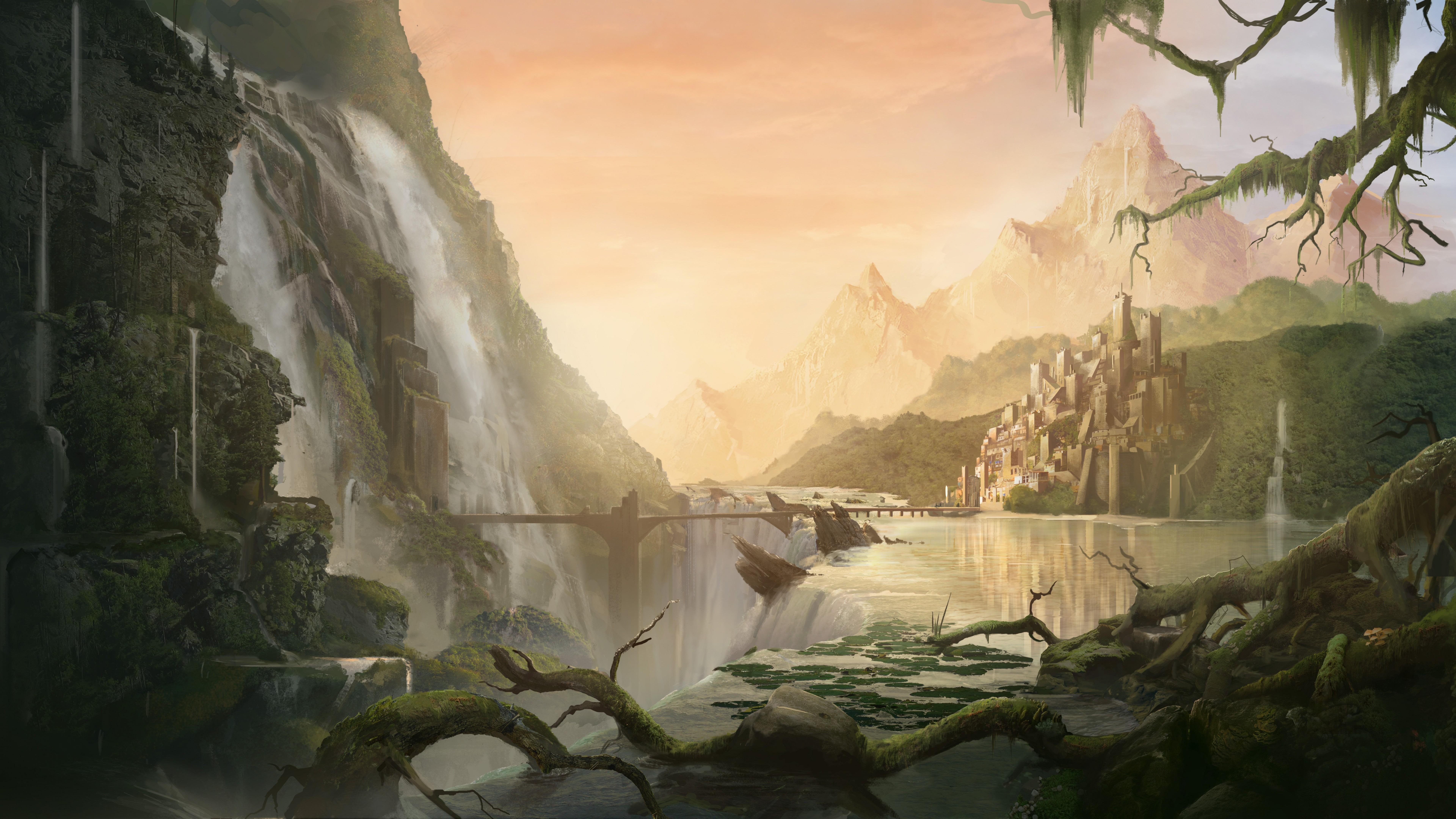 painting, matte paint, artwork, mountain, cliff, fantasy landscape, art, fantasy art, castle, jungle, lake, waterfall, 8K, fortress, HD Wallpaper